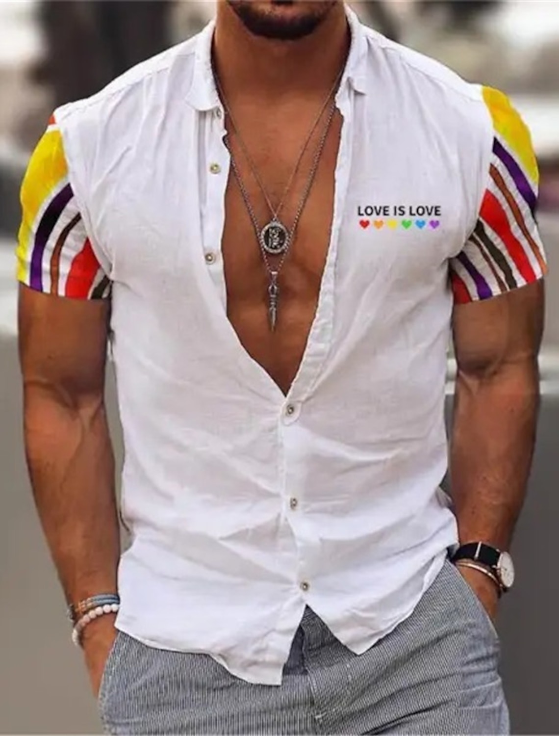 Men's Rainbow Geometric Pattern Pride Shirt Button Up Short Sleeve