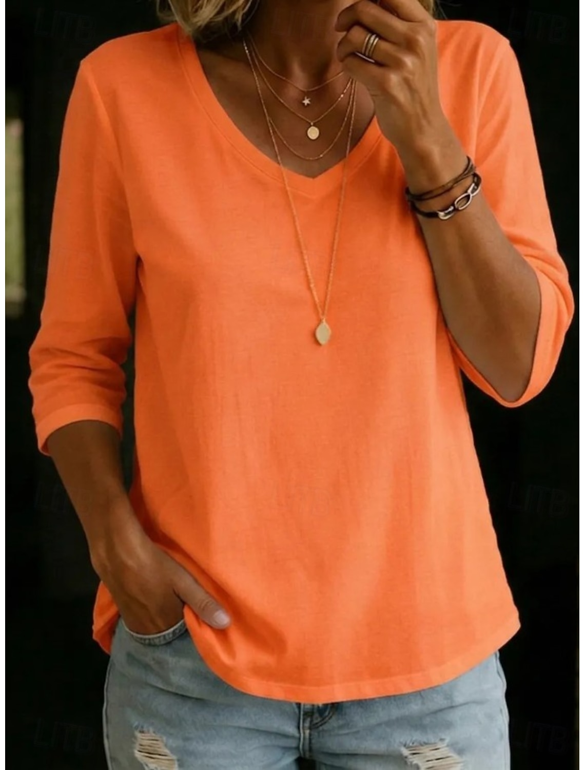 Women's 100% Cotton T-Shirts - Quality Heavy Long Sleeve Crew Neck Tee