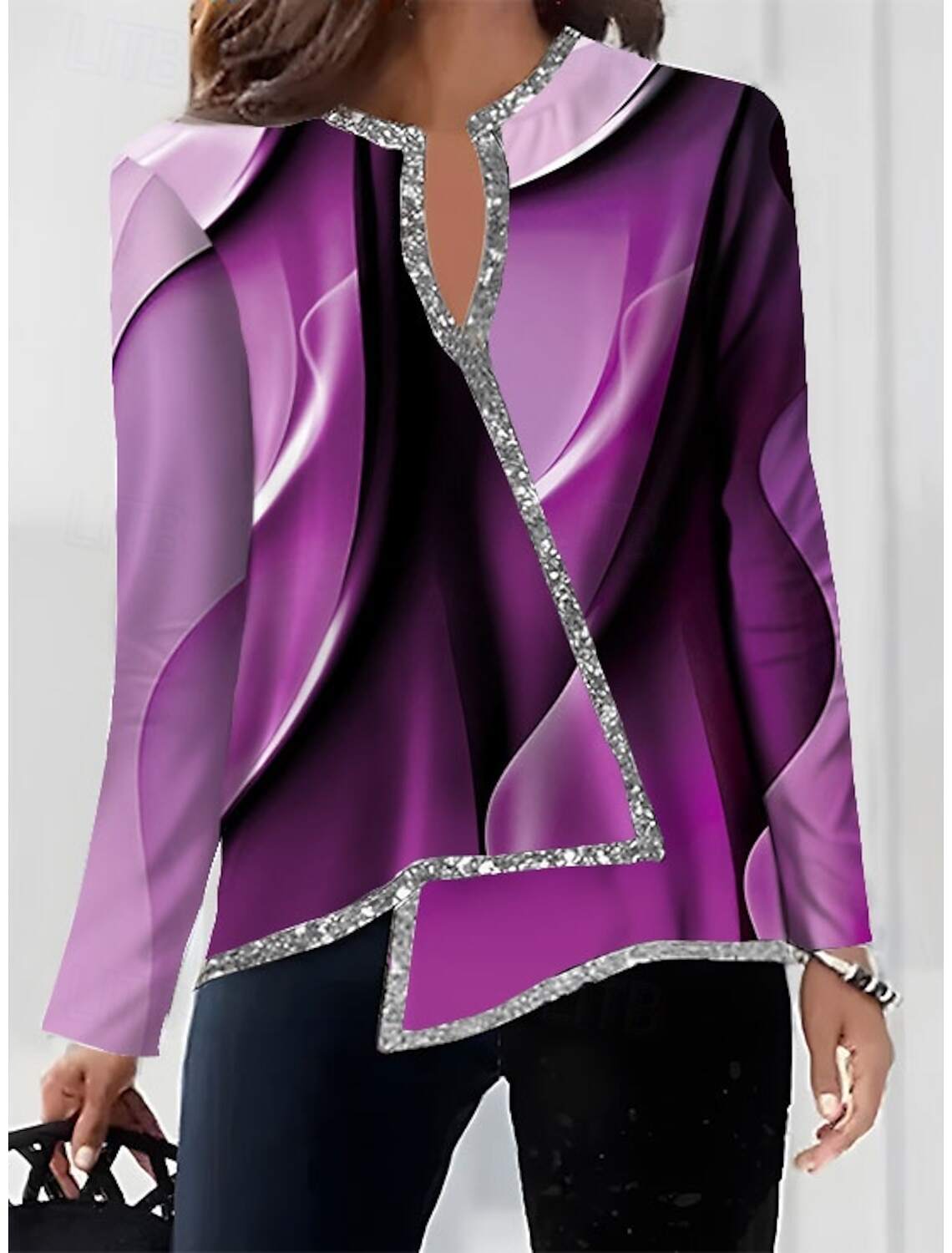 Women's Shirt Blouse Fashion Print Asymmetric Hem Long Sleeve Regular Tops V Neck Casual Fall & Winter