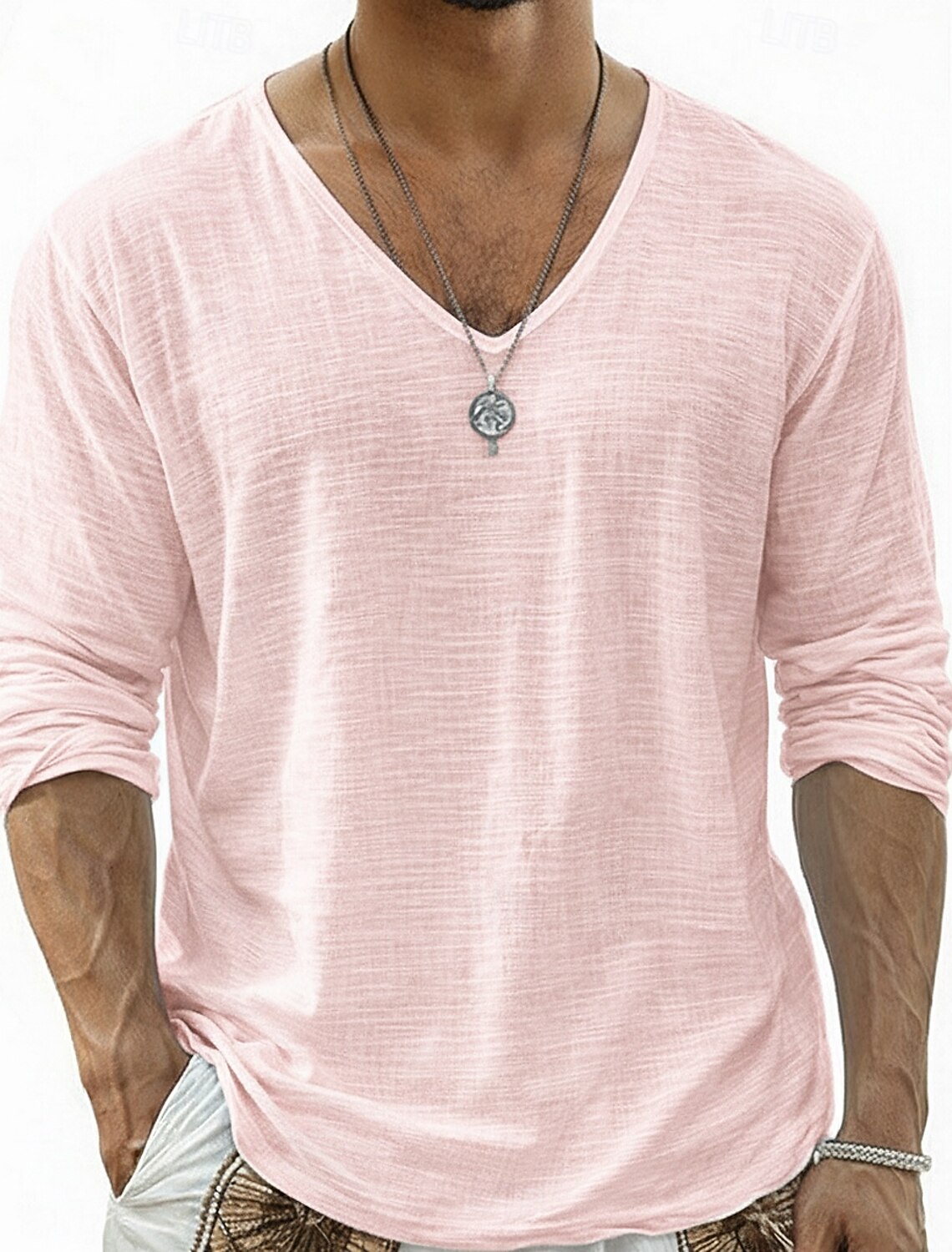 Men's Tee Top Linen T-Shirt Long Sleeve V Neck Summer Spring & Soli #2