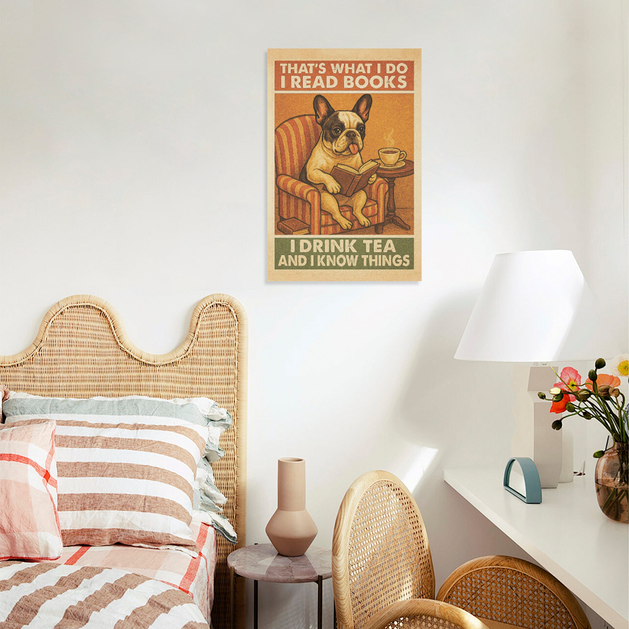 French Bulldog Read Books Vertical Canvas Painting Durable Dog Item