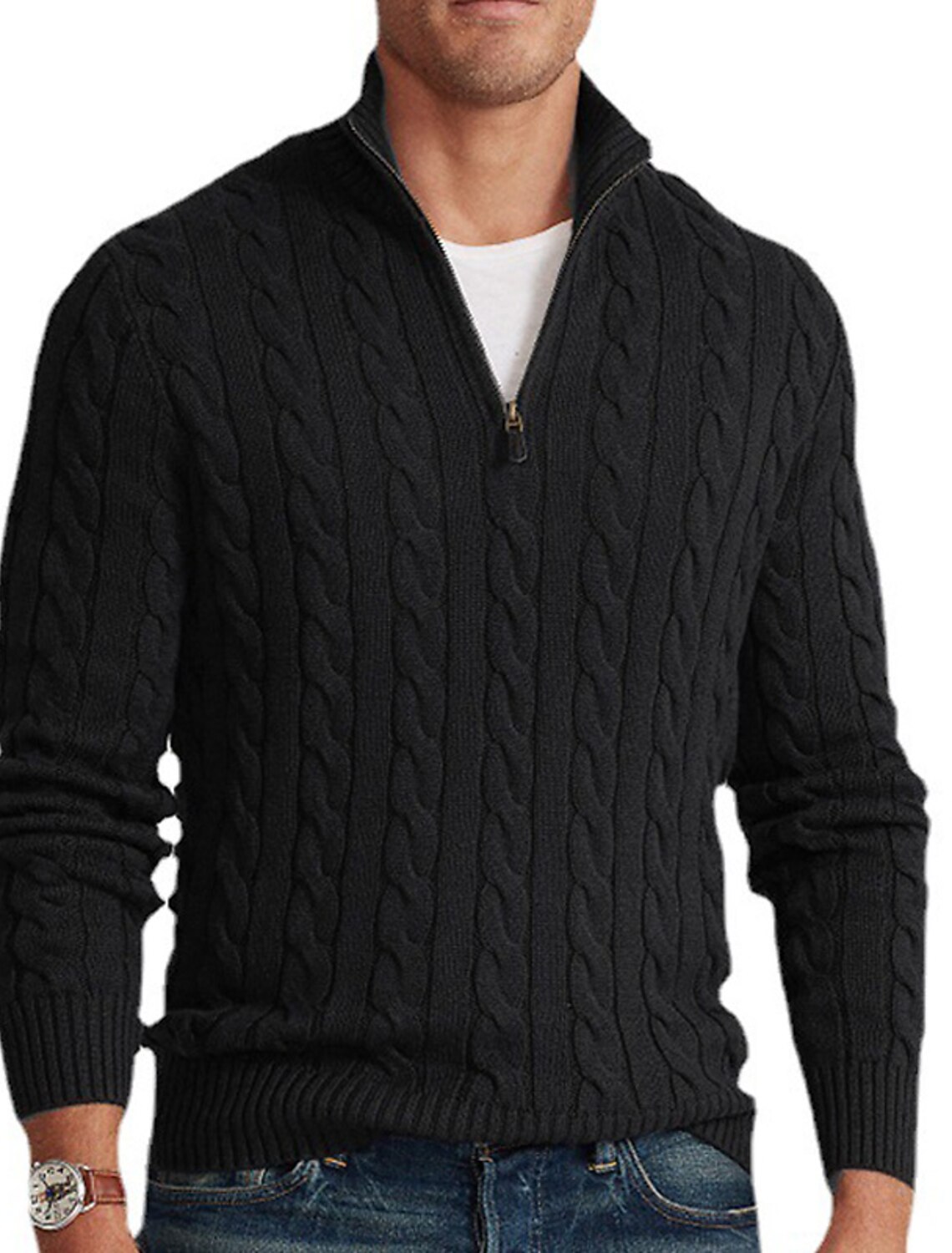 Men's Sweater Zip Quarter Pullover Ribbed Cable Knit Cropped Knitted