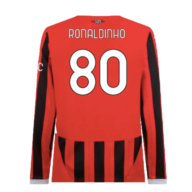 Authentic 2024-2025 Ac Milan Home Long Sleeve Shirt (Ronaldinho 80)