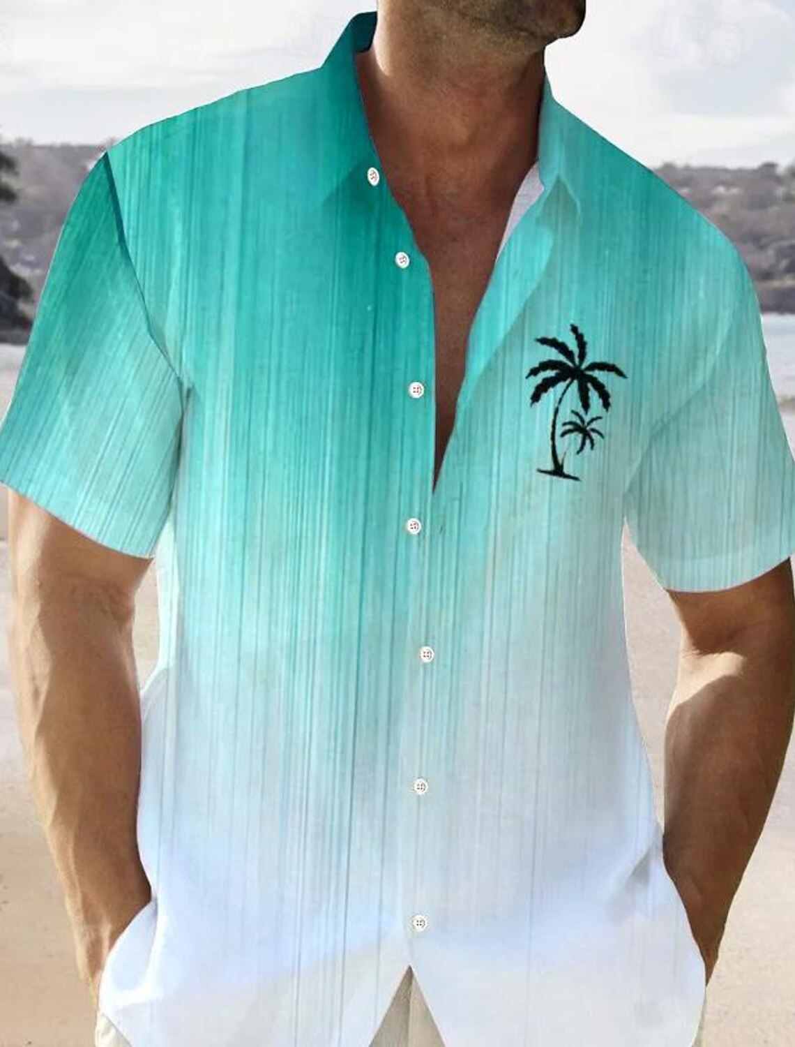 Color Gradient Palm Tree Men's Resort Hawaiian 3D Printed Shirt Button