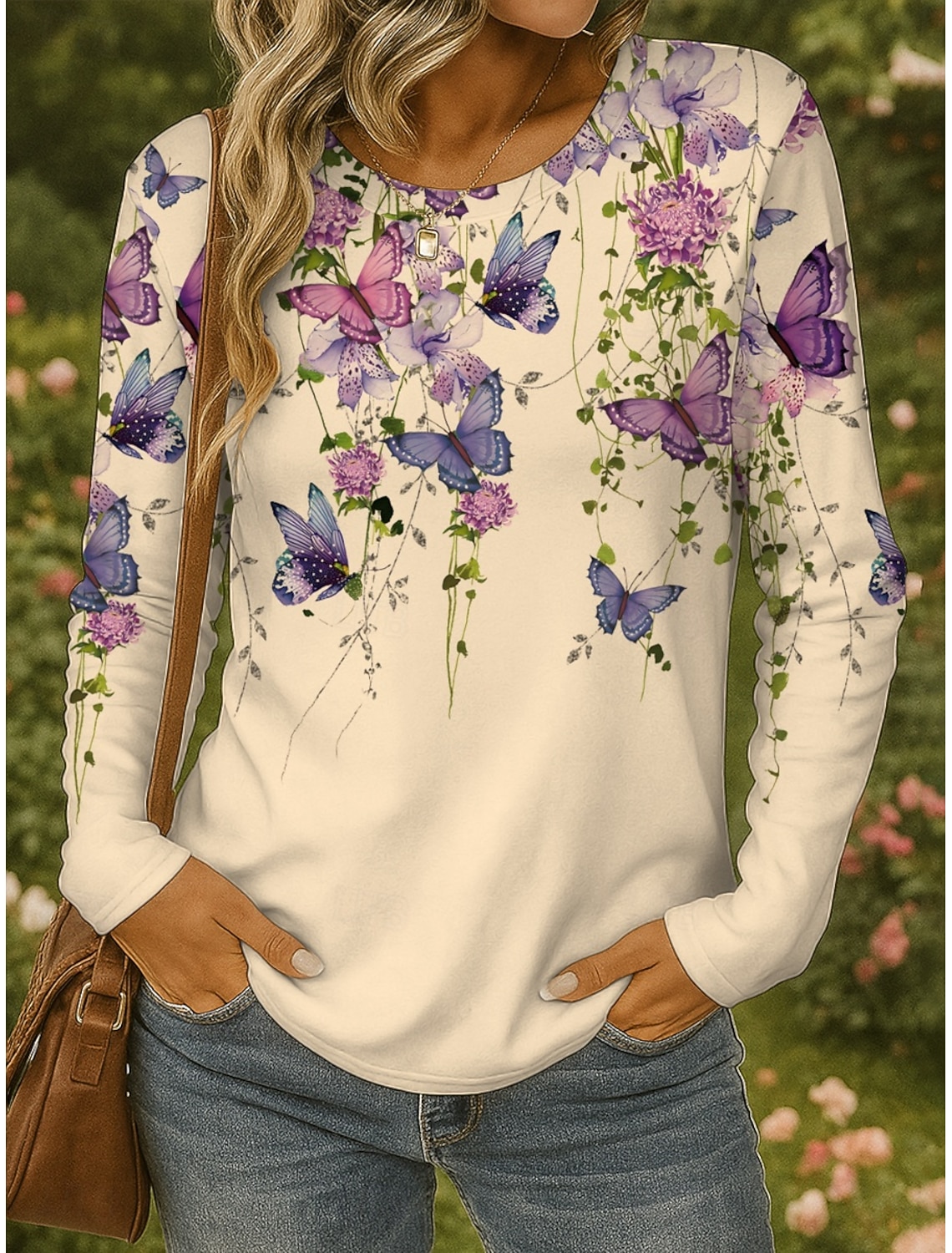 Women's T shirt Long Sleeve Crew Neck Long Sleeve Tunic Floral Graphic Butterfly Vintage Stylish Classic Round Neck Regular Tops Daily Print Black White Yellow Pink Blue Fall Prefall