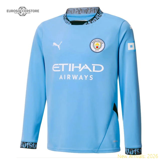 Official 2024-2025 Man City Home Long Sleeve Shirt (kids) - Premium