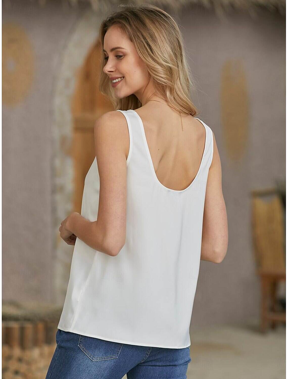 Women's ArmyGreen Black White Plain Sleeveless Daily Basic V Neck Regular S