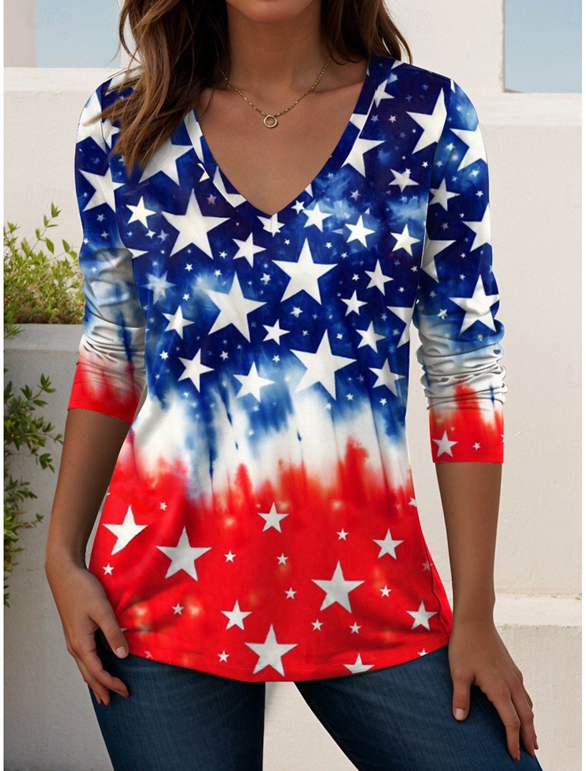 Independence Day Patriotic Women's T Shirt V Neck Long Sleeve Tunic Geometric National Flag Elegant Vintage Stylish Regular Tops Daily Weekend Print Red Navy Blue Blue Spring Prefall