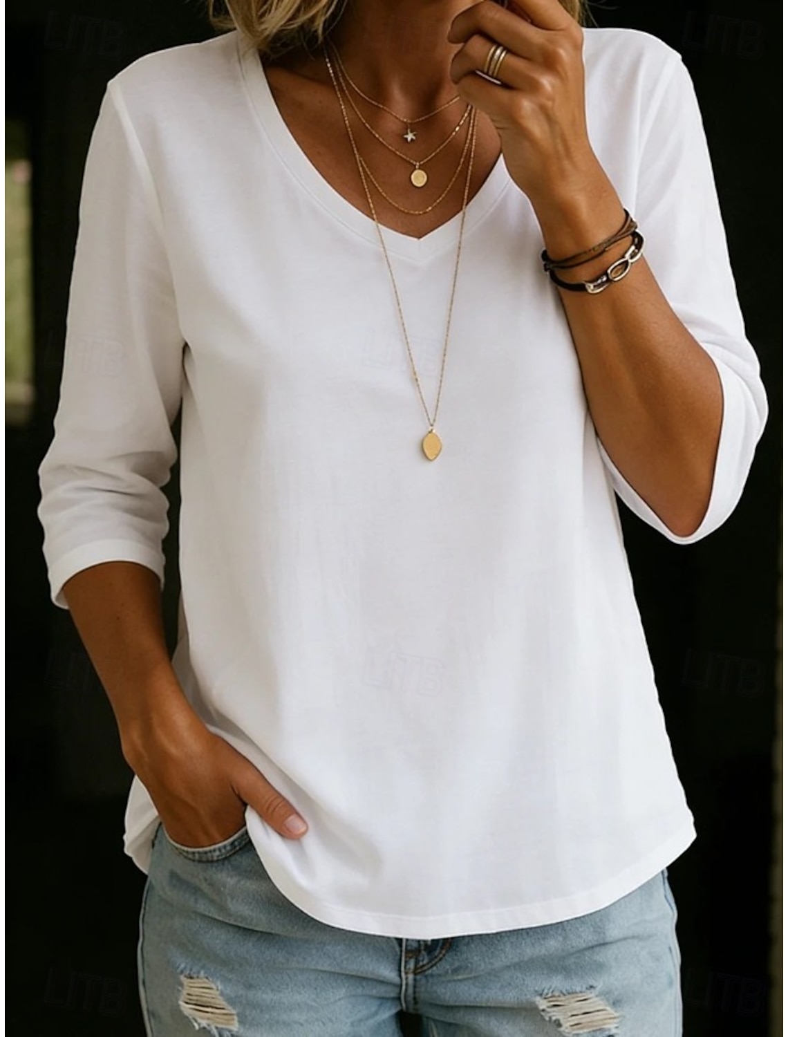 Women's 100% Cotton T-Shirts - Quality Heavy Long Sleeve Crew Neck Tee