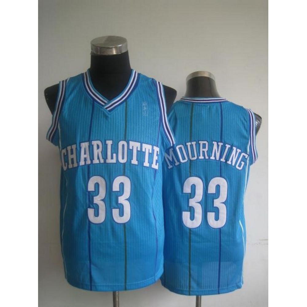 Pelicans #33 Alonzo Mourning Light Blue Charlotte Hornets Throwback Stitched NBA Jersey