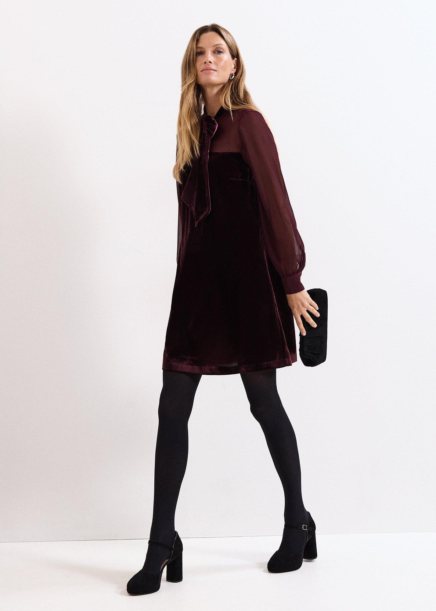 Vinnie Burgundy Velvet Pussy Bow Dress