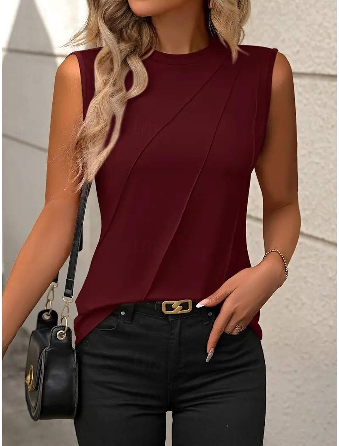 Women's Blouse Sleeveless Round Neck Asymmetrical Layered Elegant Draped Summer Spring Casual Workwear Regular Fit Versatile Top Clothing Apparel