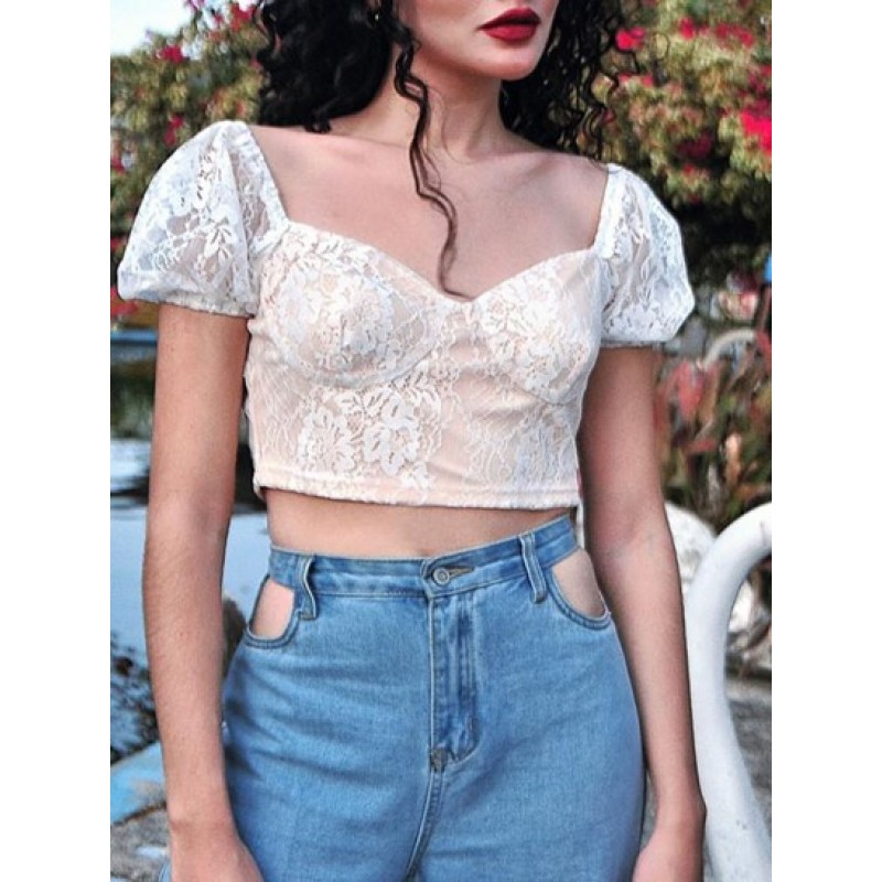 Lace Insert Puff Sleeve Crop Corset Top IN5305