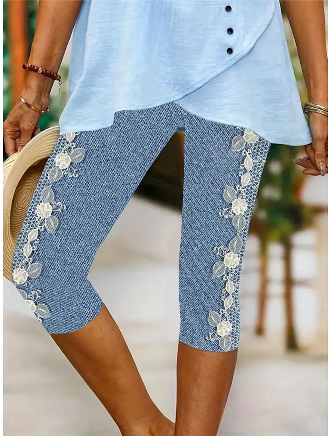 Women's Leggings Capri Pants High Elasticity Vacation Fashion Hawaiian Calf-Length Mid Waist Floral Graphic Printing Breathable Soft Vacation Casual Daily Light Blue Summer Spring Regular Fit