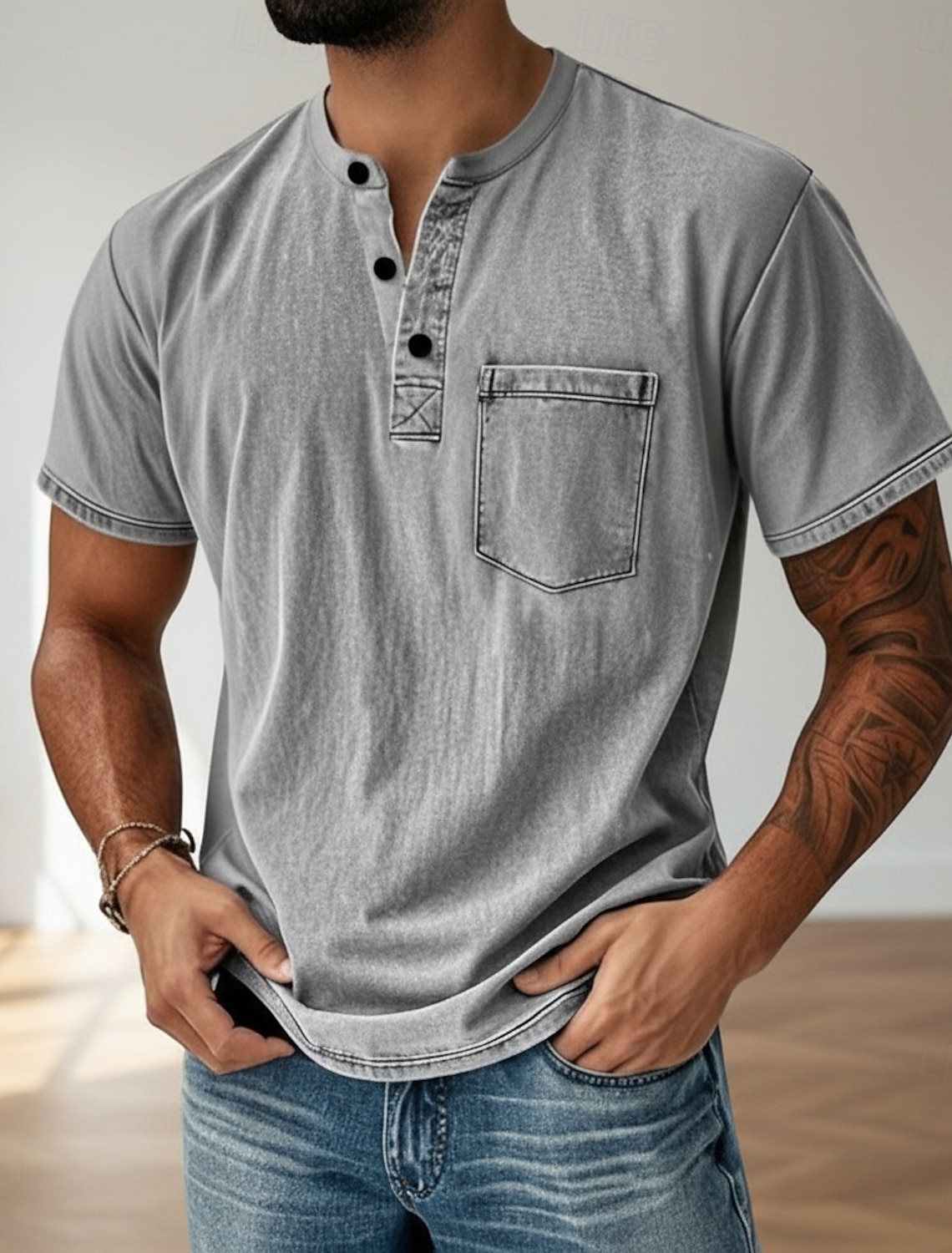 Men's Henley Shirt 100% Cotton Acid Wash T Tee Short Sleeve Solid #1