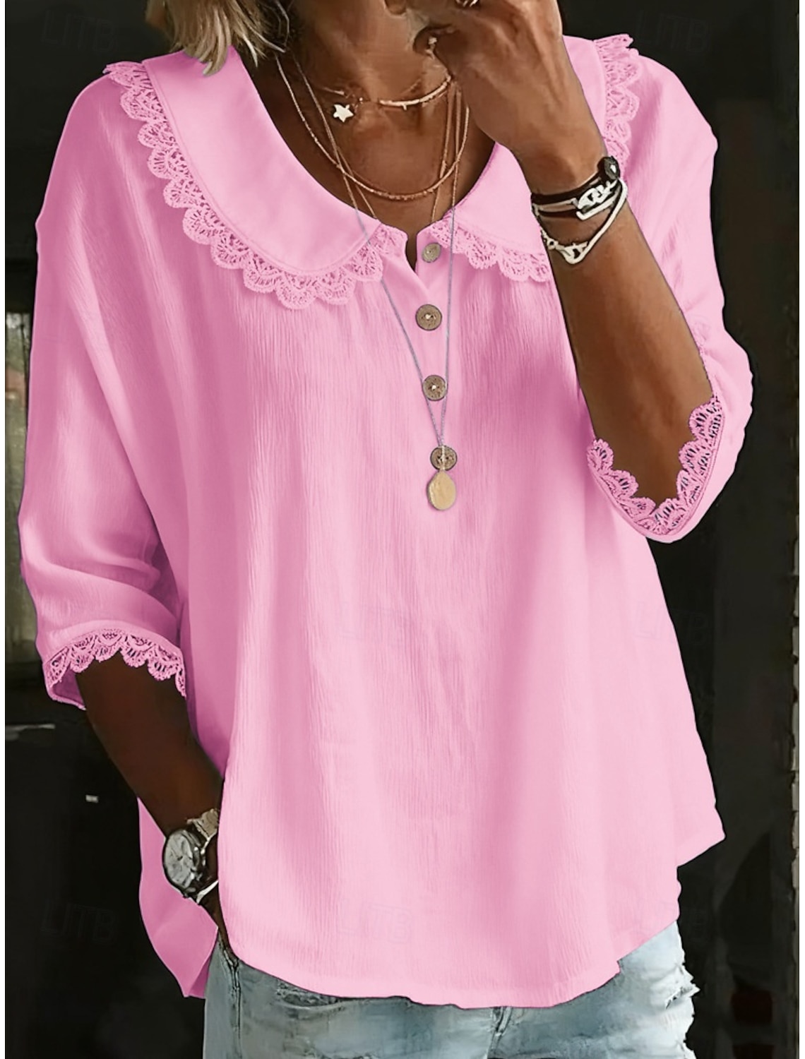 Women's Popover Shirt Summer Shirt Casual Shirt Blouse Lace Trim Solid Color Vacation Stylish Casual 3/4 Length Sleeve Turndown Regular Tops Daily Outdoor Holiday Blue White Yellow Pink Summer Spring