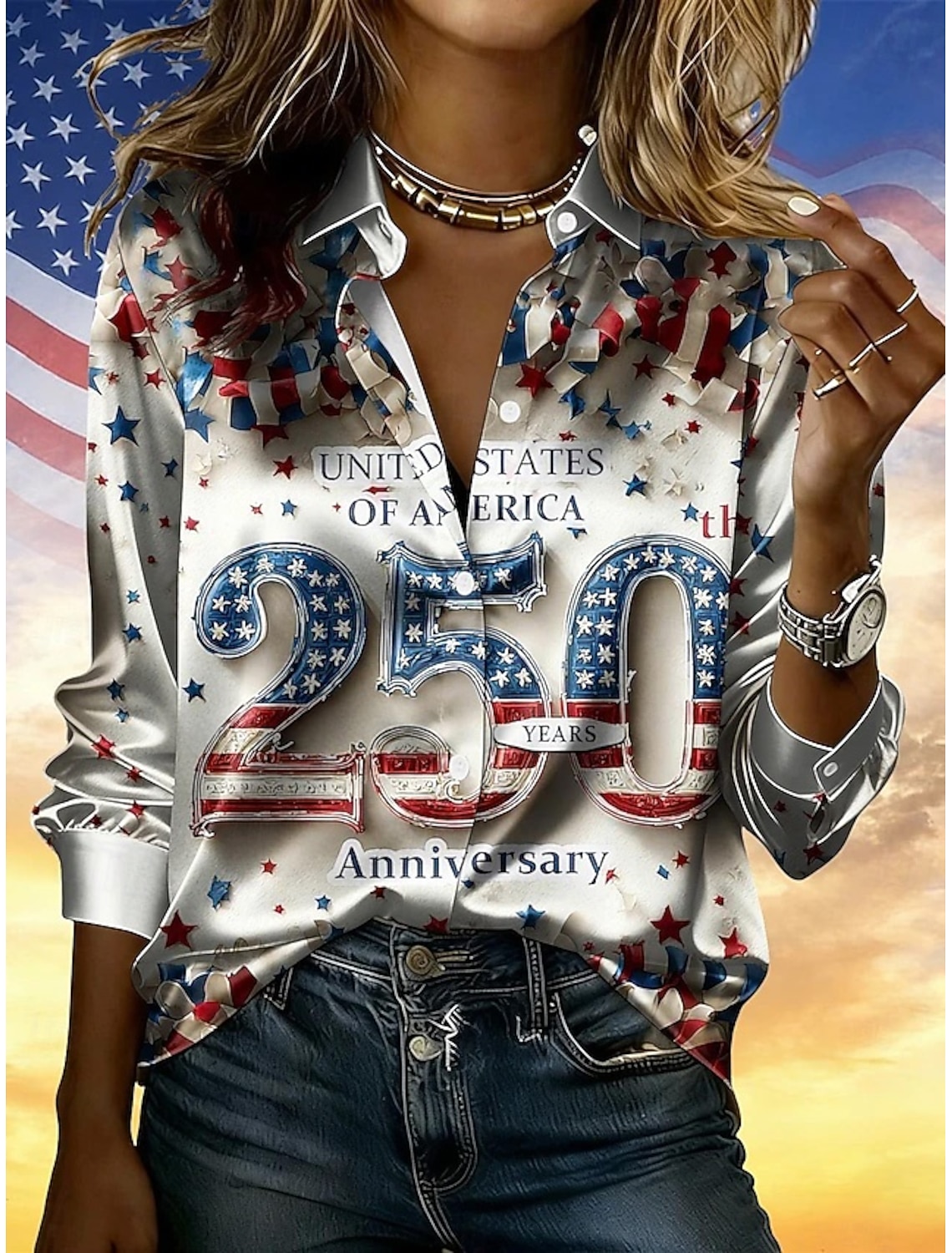 American Independence Day Women's Shirt Satin Shirt Button Down Shirt Casual Shirt Print Graphic Flag Classic Casual Long Sleeve Shirt Collar Regular Tops Daily Holiday Going out Blue Sky gray Yellow
