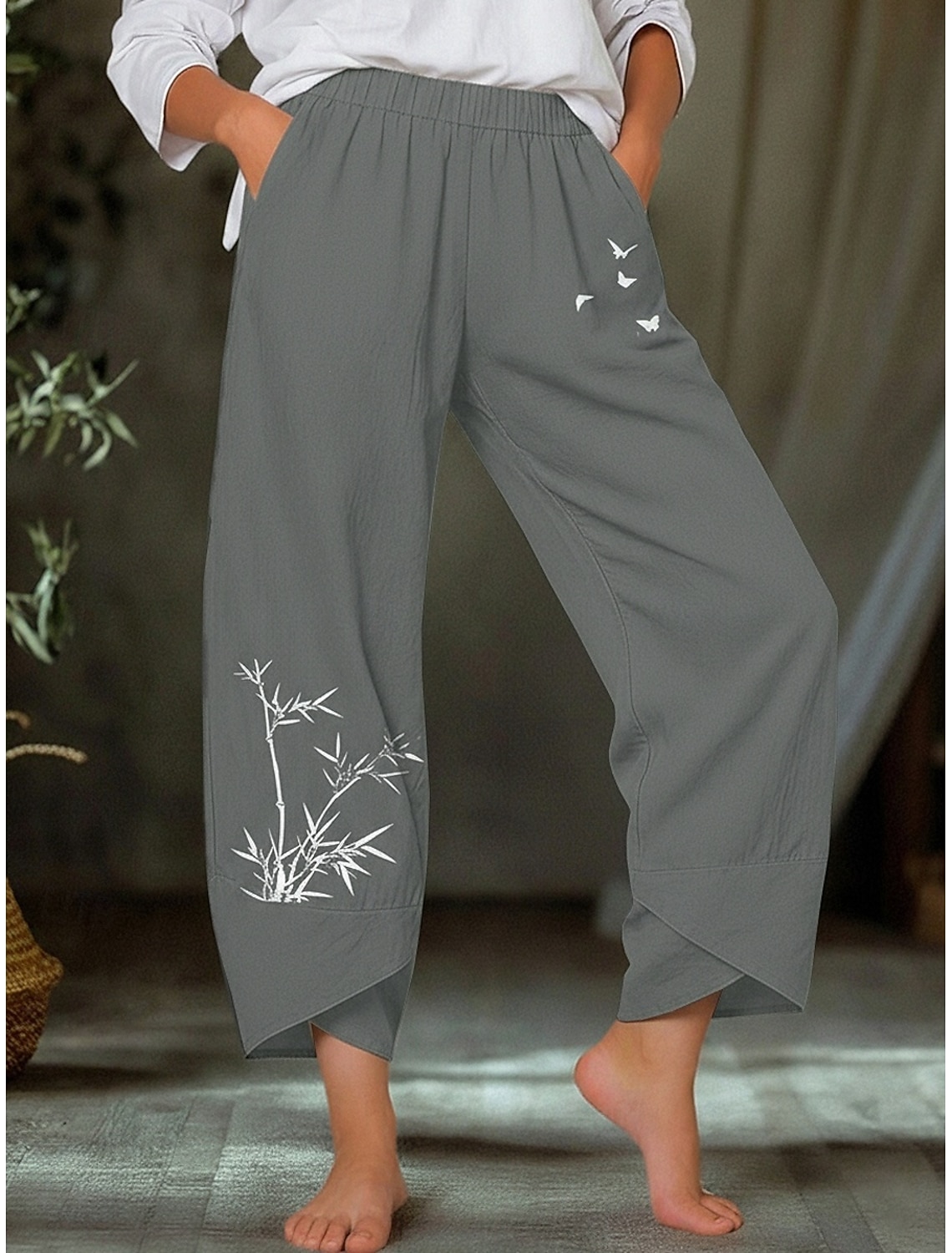 Women's Summer Pants 100% Cotton Pants Trousers Lightweight Casual Ankle-Length Low Rise Graphic Prints Pocket Breathability Comfortable Inelastic Casual Daily Weekend Navy Black ash-colored Summer