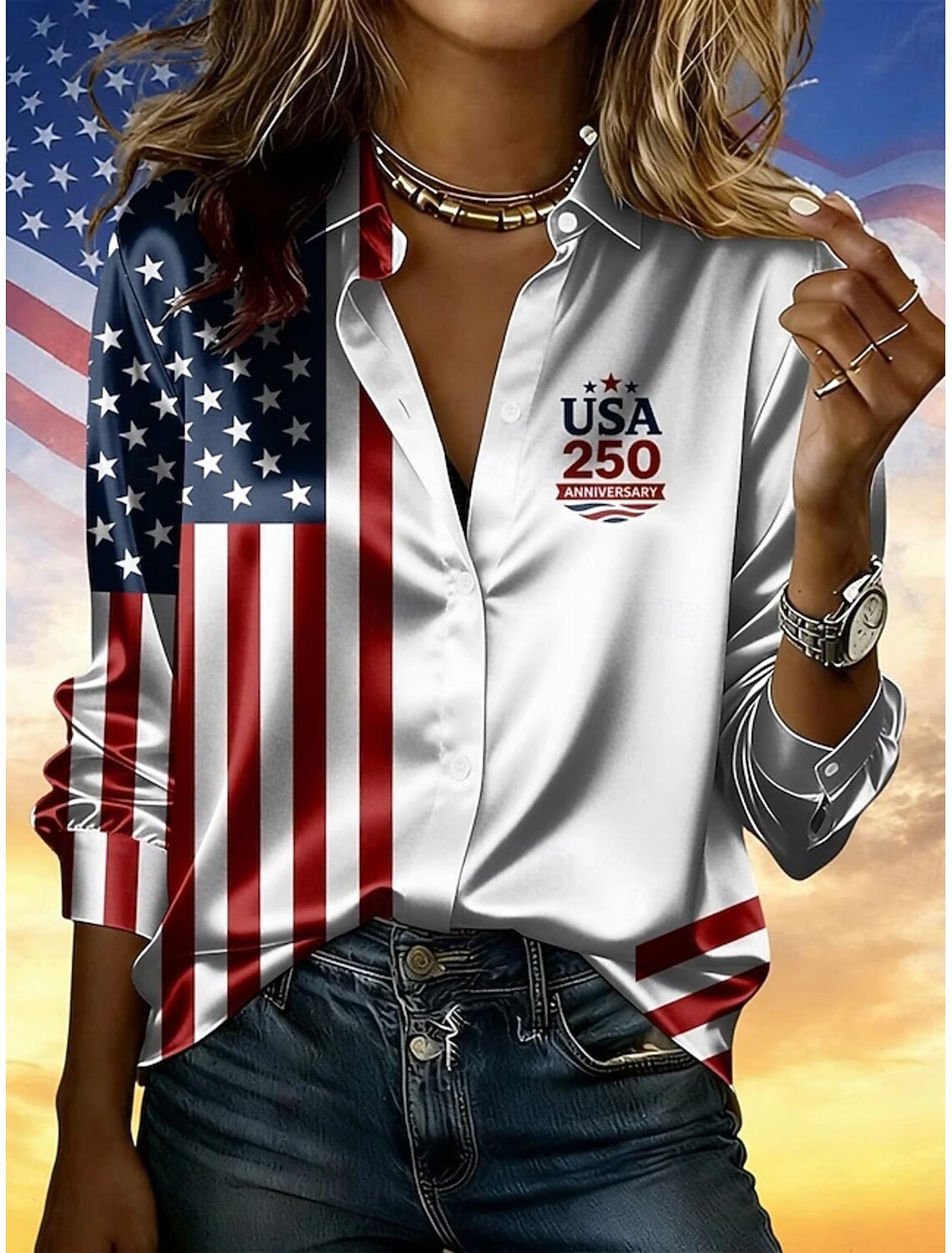 American Independence Day Women's Shirt Satin Shirt Button Down Shirt Casual Shirt Print Graphic Flag Classic Casual Long Sleeve Shirt Collar Regular Tops Daily Holiday Going out Blue Sky gray Yellow