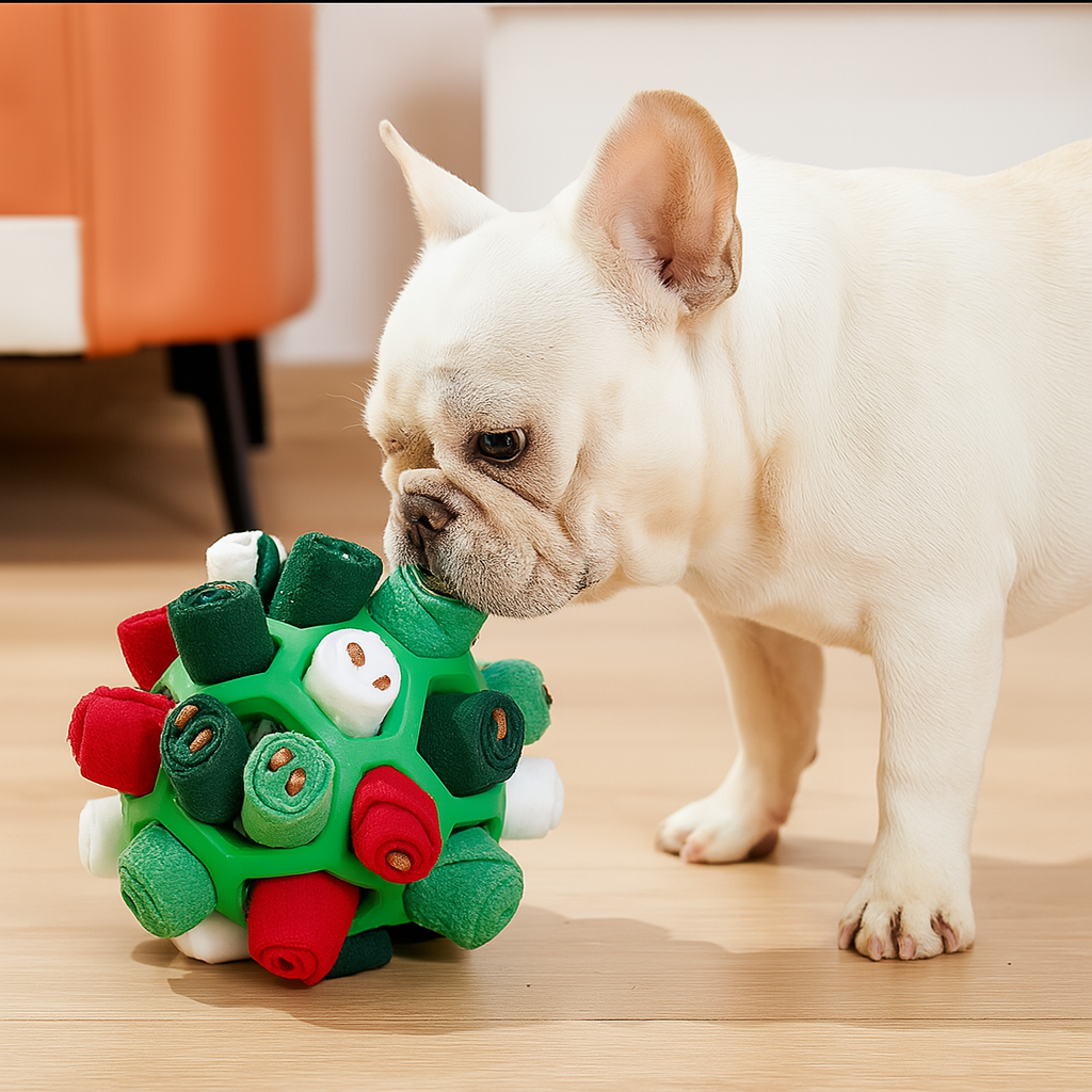 Fangorb Frenchie Sniffing Puzzle Ball – Halloween Treat Hiding Rubber Ball Toy
