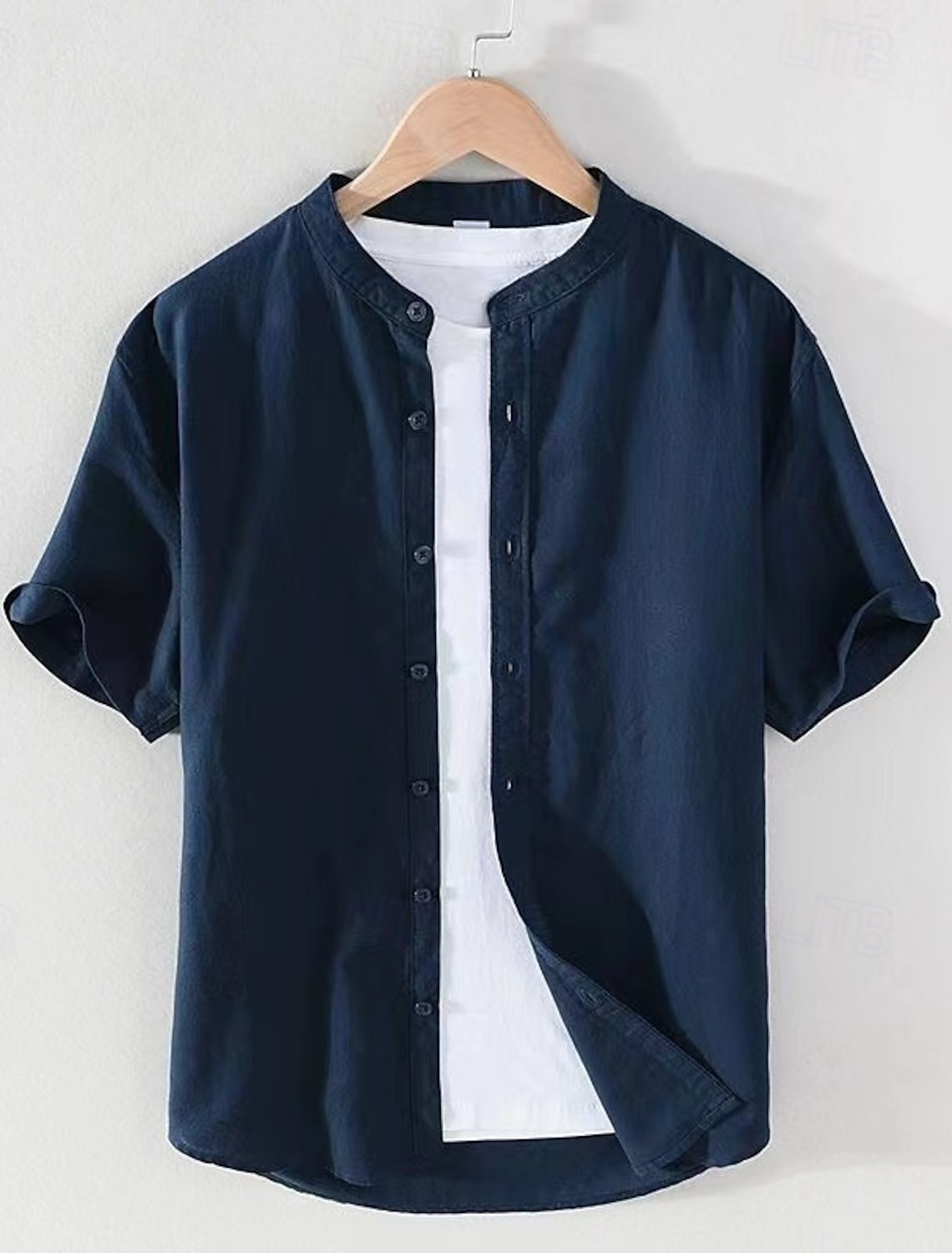 Men's Shirt Chinese Collar Shirt Mandarin Collar Shirt Casual Shirt Button Up Shirt Cotton Shirt Plain Vacation Street White Navy Blue Khaki Light Grey Short Sleeve Grandad Collar Summer Clothing