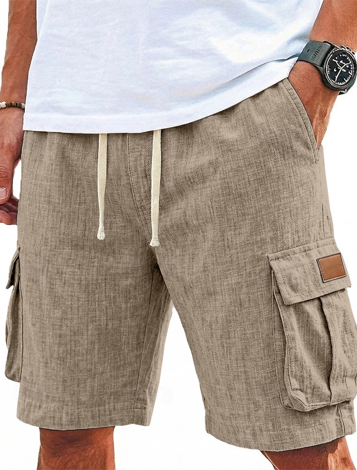 Men's Shorts Linen Shorts Summer Shorts Beach Shorts Drawstring Elastic Waist Multi Pocket Plain Comfort Breathable Knee Length Daily Outdoor Holiday Vacation Fashion Black Green Inelastic