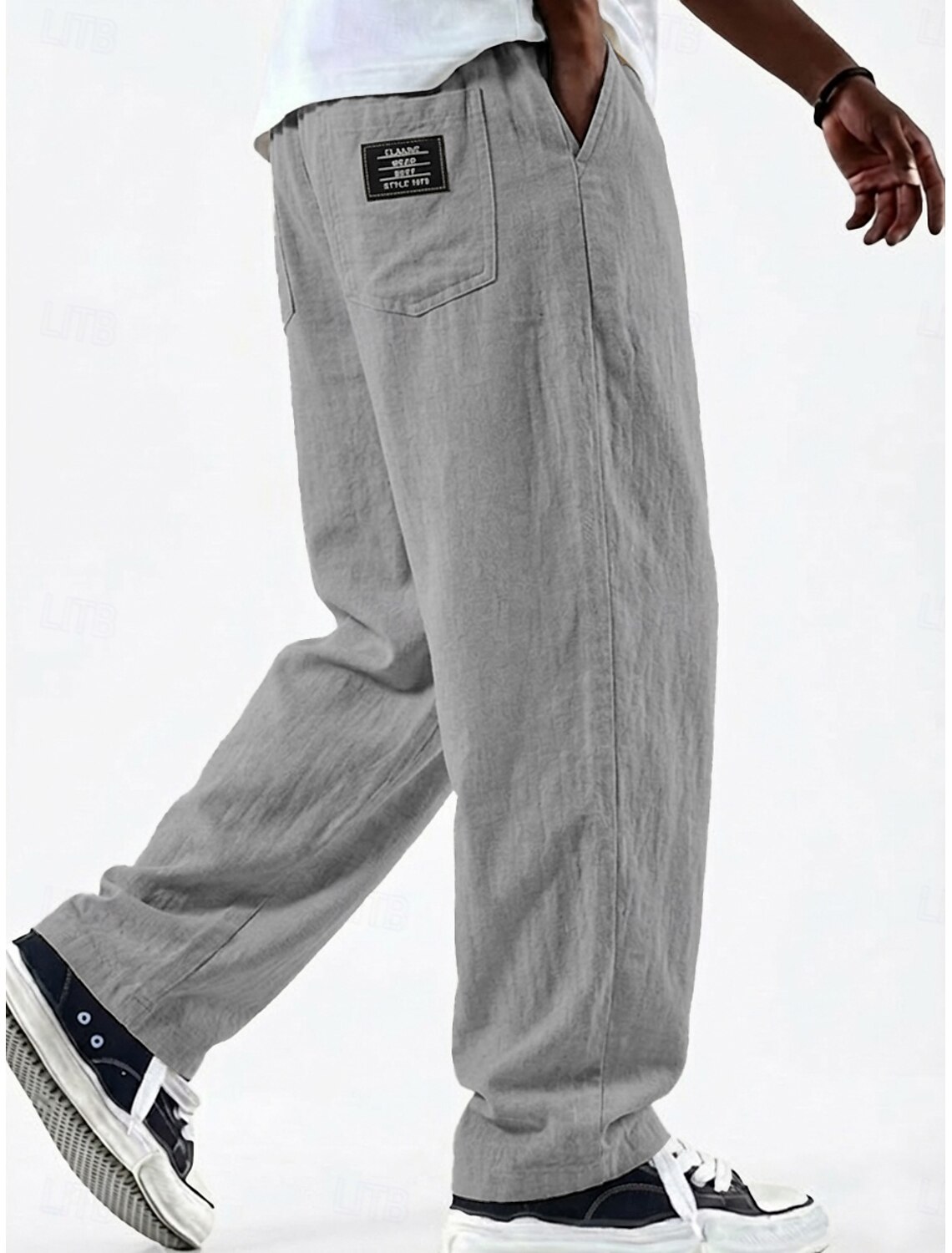Men's Linen Pants Trousers Summer Baggy Pocket Elastic Waist Straight