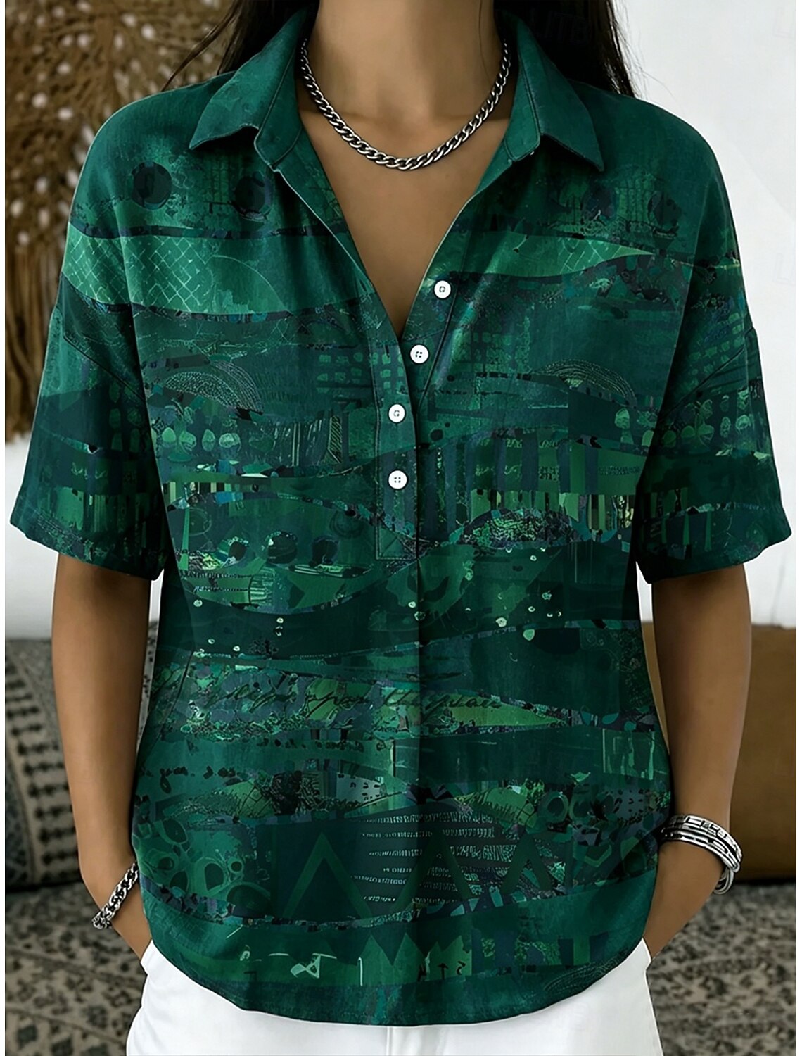 Women's Shirt Buttons Print Graphic Geometric Abstract Vintage Daily Stylish Short Sleeve Turndown Long Tops Casual Daily Holiday Purple Orange Green Summer Spring