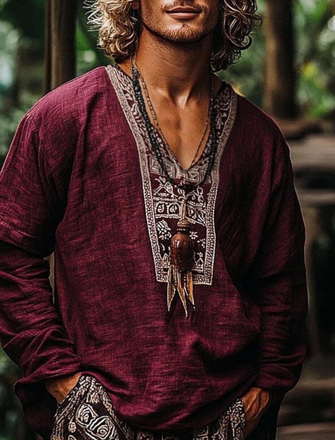 Men's Shirt Linen Popover Summer Beach Wear Retro Shirts Ethnic