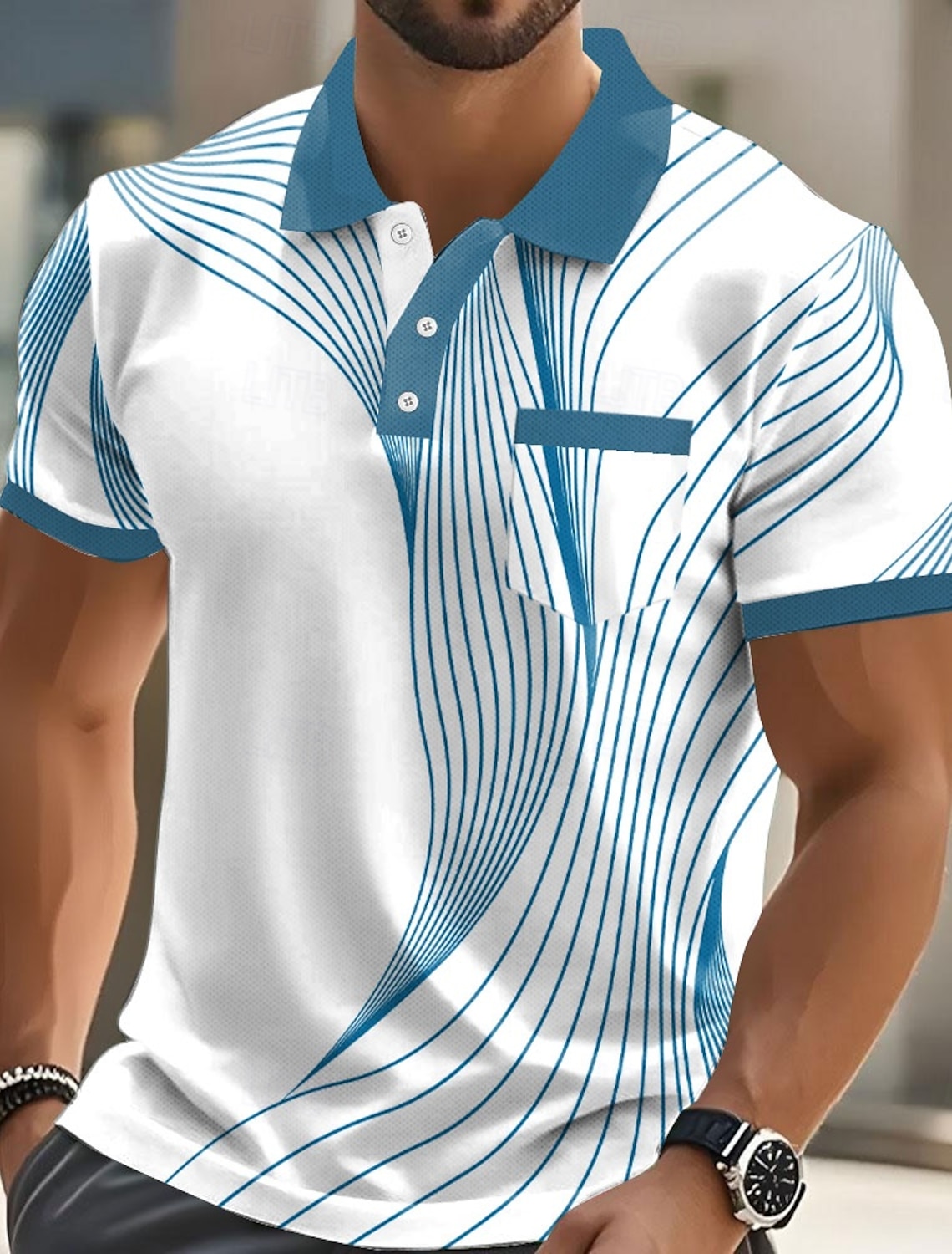 Men's Geometric Polo Long Sleeve Shirts Collared Business Casual