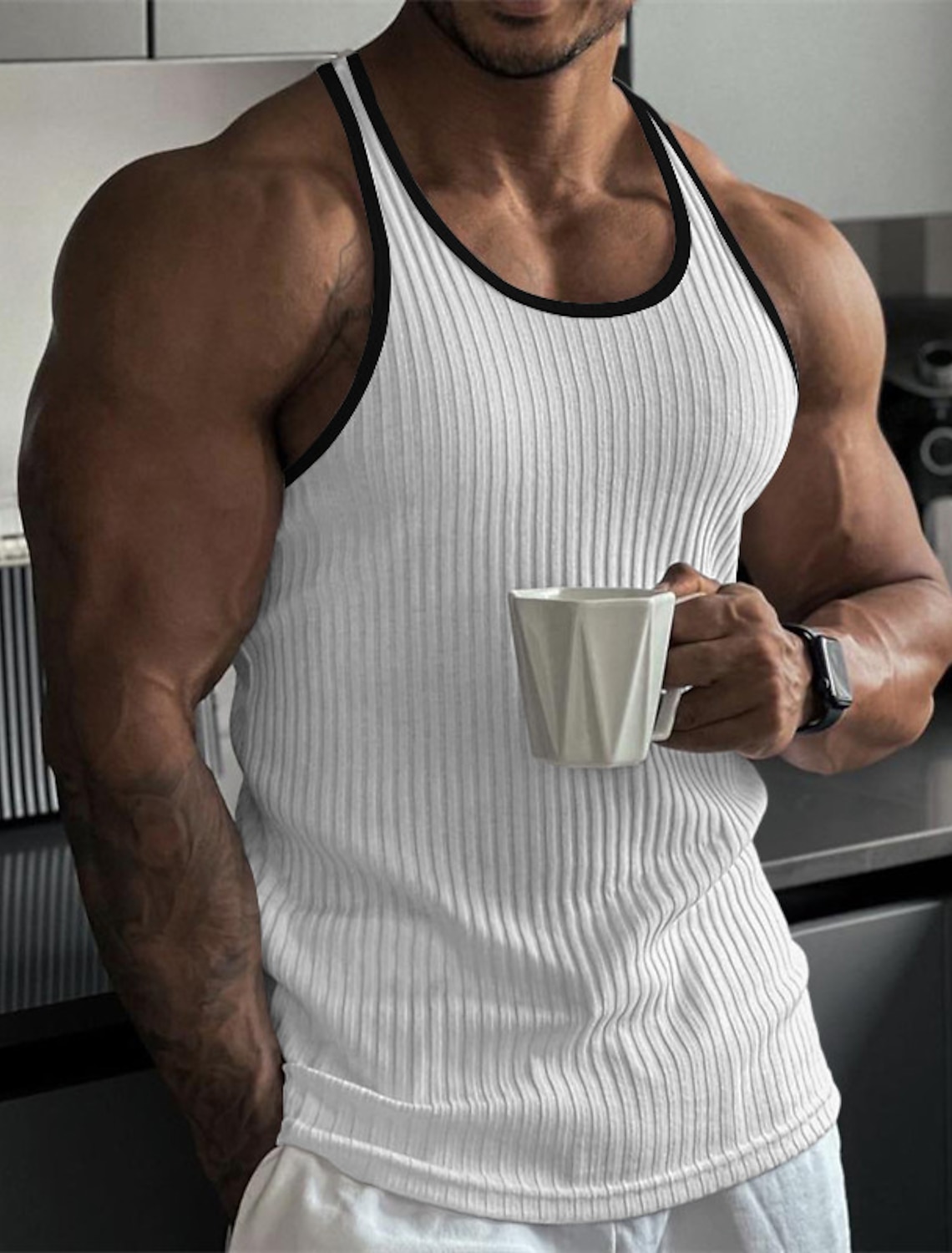 Men's Tank Top Rib Knit Wife beater Shirt Sleeveless Crew Neck Summer