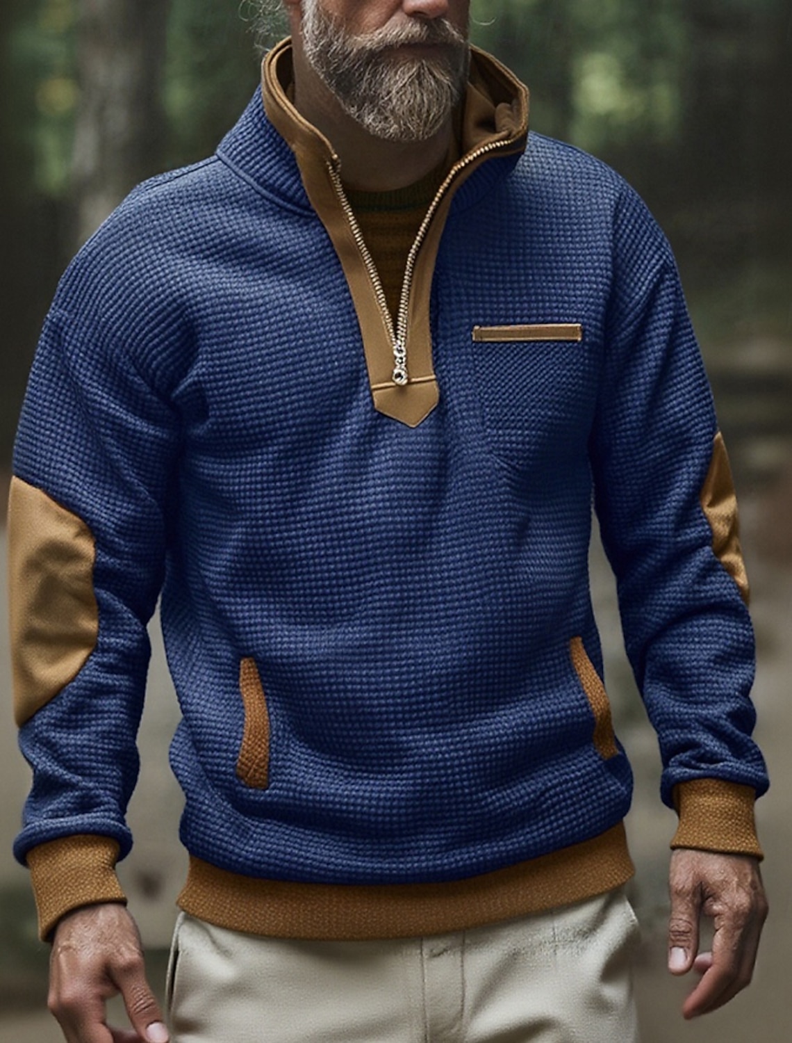 Men's Sweatshirt Quarter Zip Black Navy Blue Half Color Block