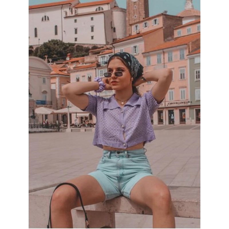 Eyelet Pearly Button Up Knitted Top IA4924