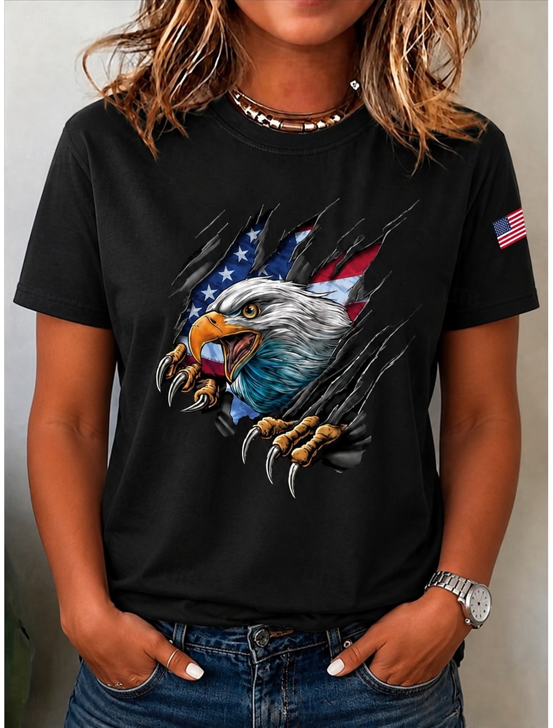 American Independence Day Women's T Shirt Print Graphic Flag American Flag Vintage Stylish Classic Short Sleeve V Neck Regular Tops Daily Blue White-Blue White Red Summer Spring