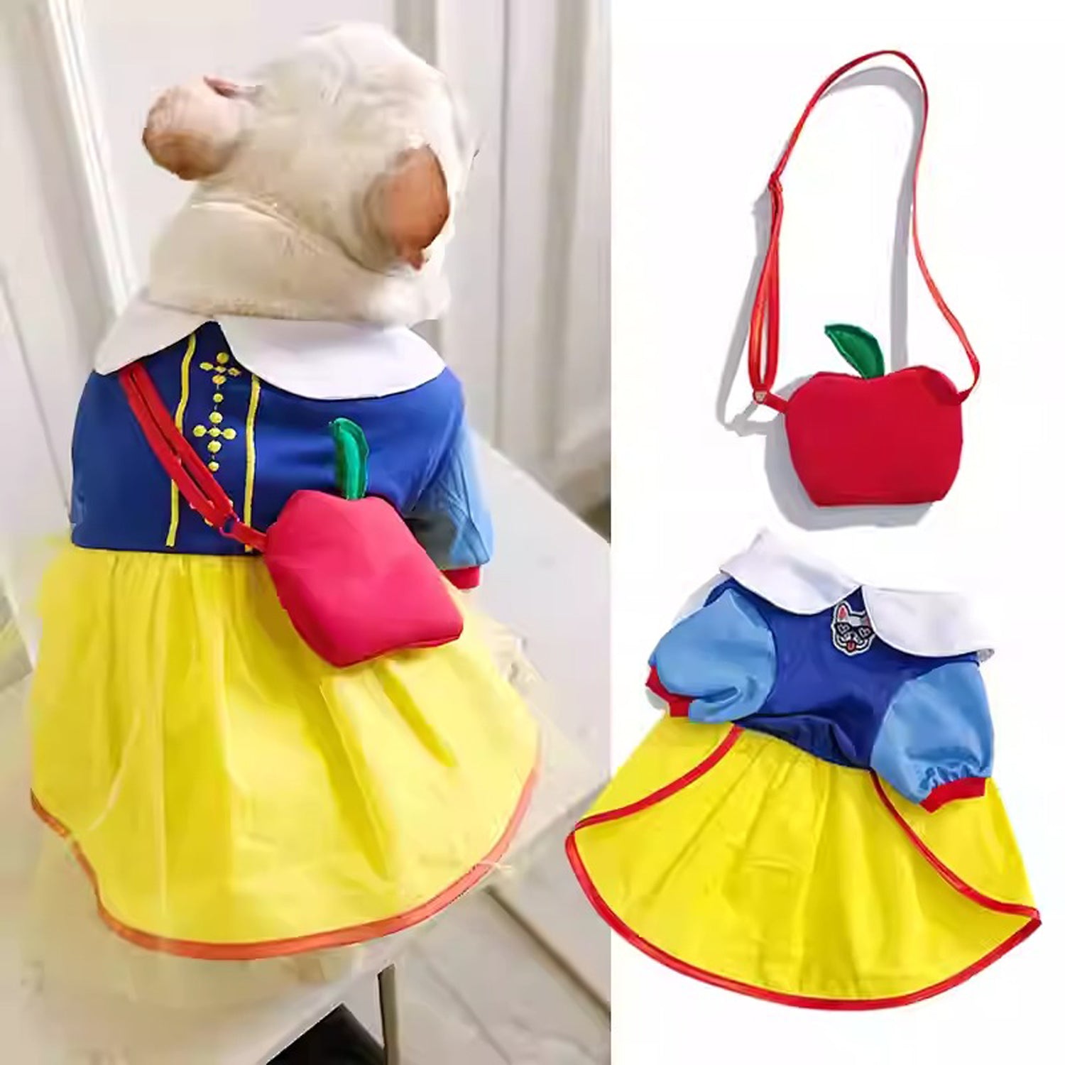 BarkToria Frenchie Snow White Costume – Cute Princess Dress with Apple Backpack