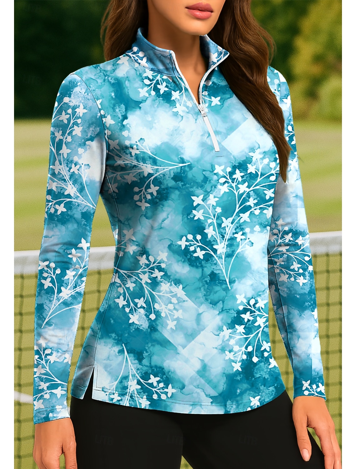 Women's Tie Dye Plants Tropical Floral Botanical Tops Golf Polo Shirt Tennis Shirt Tennis Tee Long Sleeve Print Quarter Zip Pullover UPF50+ UV Protection Elastic Breathable Tennis Golf Pickleball Zip