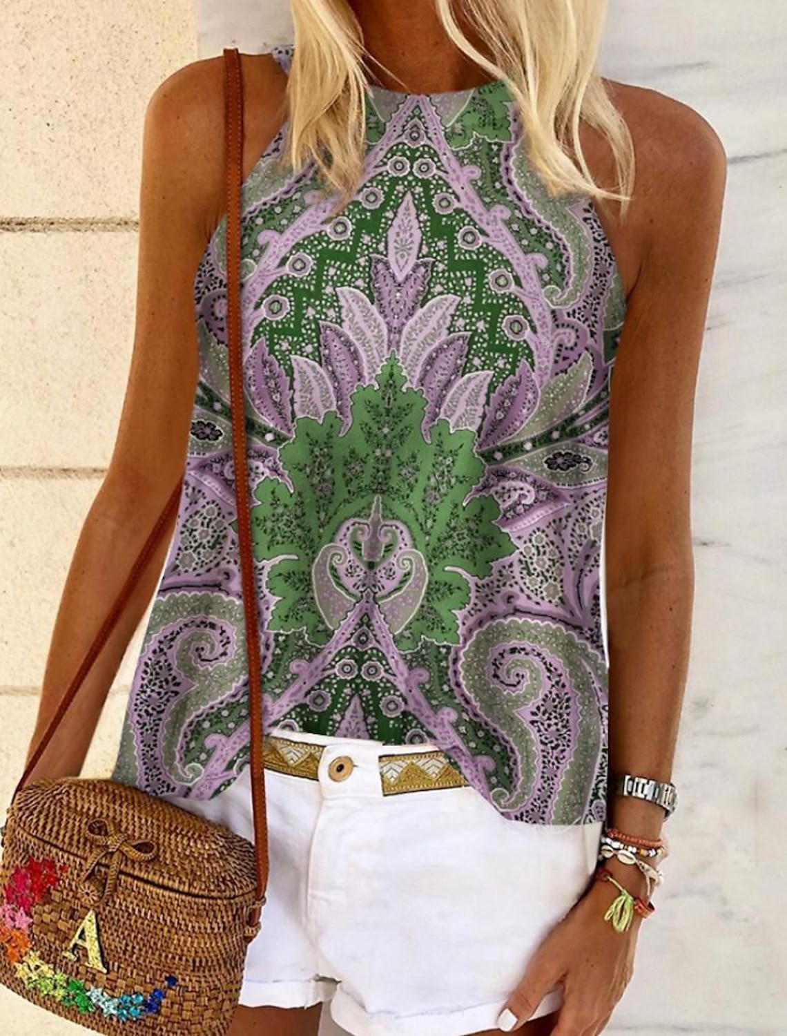 Women's Tank Top Halter Summer Tops Graphic Floral Sleeveless Ethnic Boho Halter S