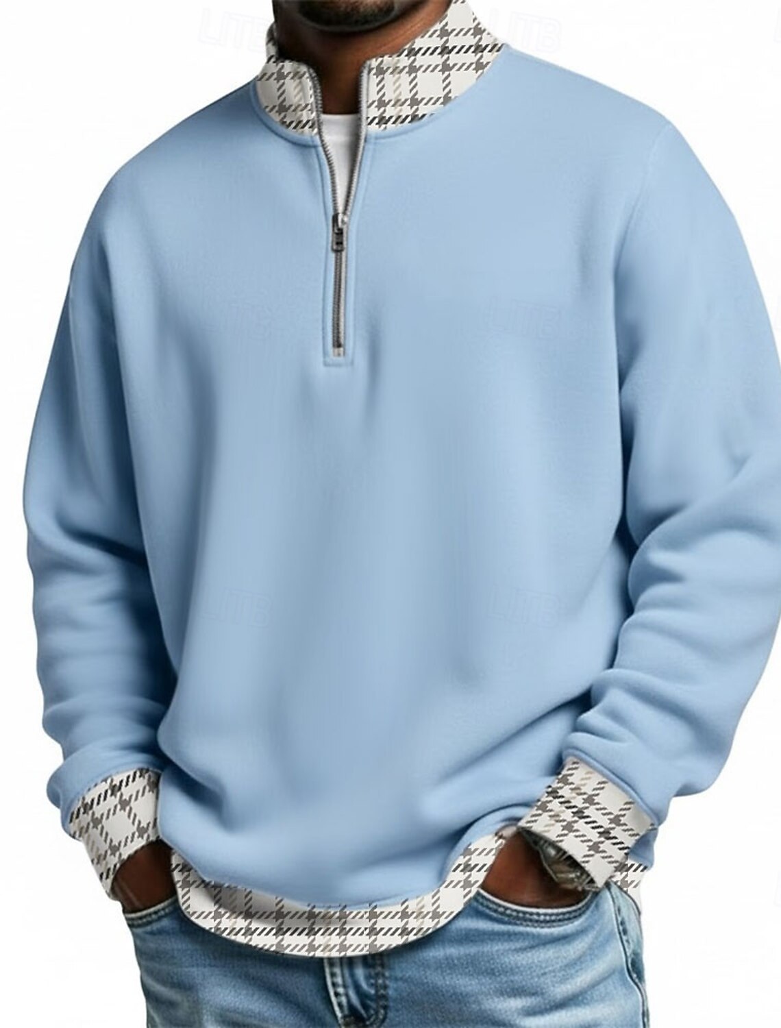 Men's Plaid Zip Polo Shirts Long Sleeve Grandad Collar Casual School