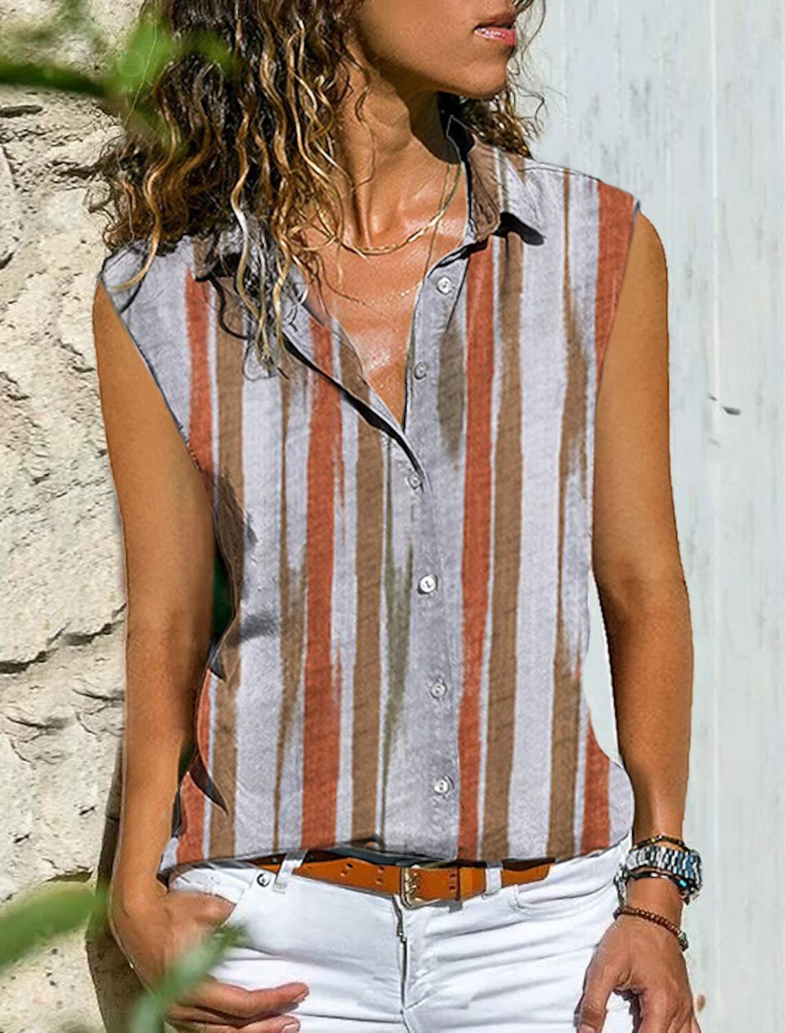 Women's Tank Top Basic Striped Print Sleeveless Regular Tops Shirt Collar Casual