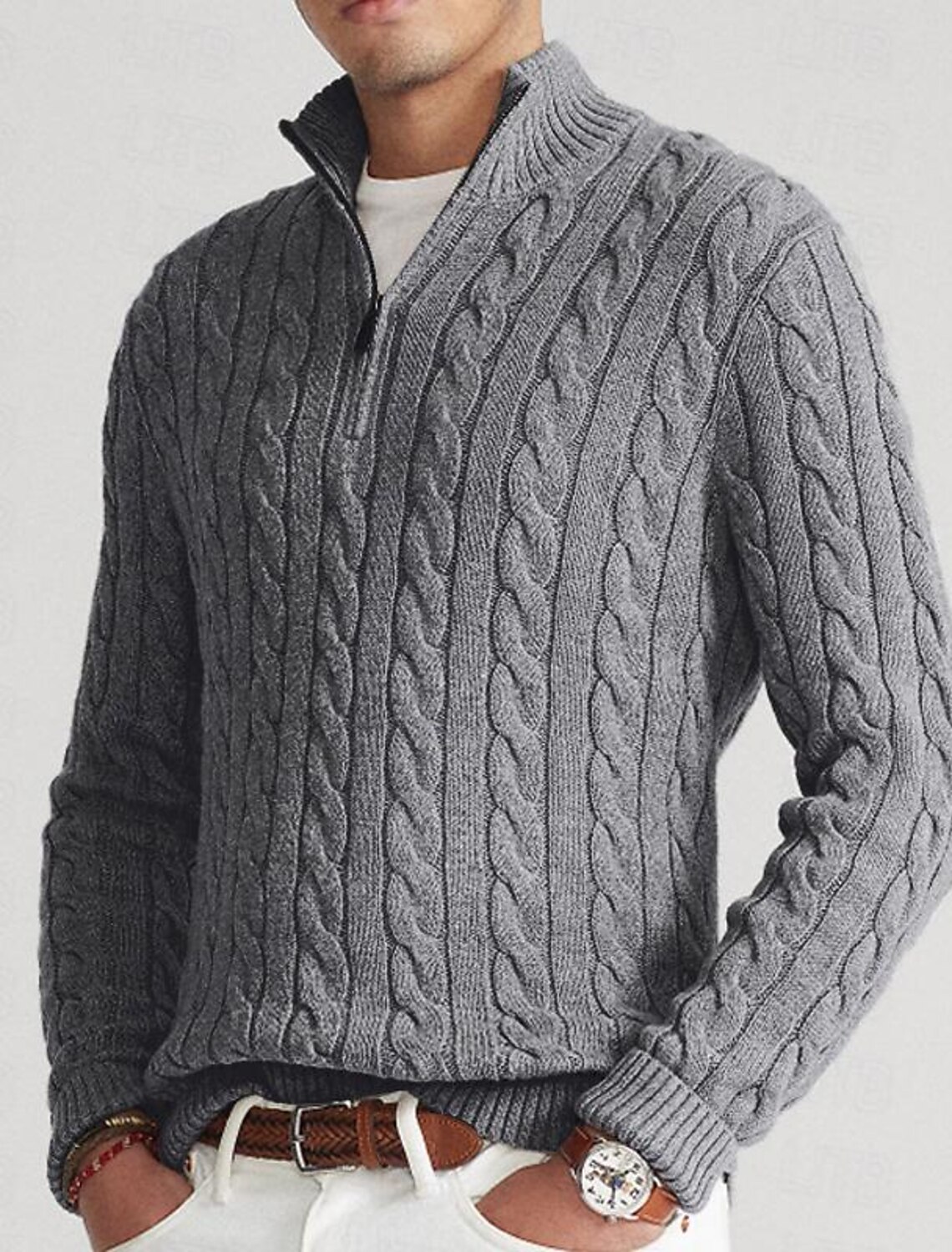 Men's Sweater Zip Quarter Pullover Ribbed Cable Knit Cropped Knitted