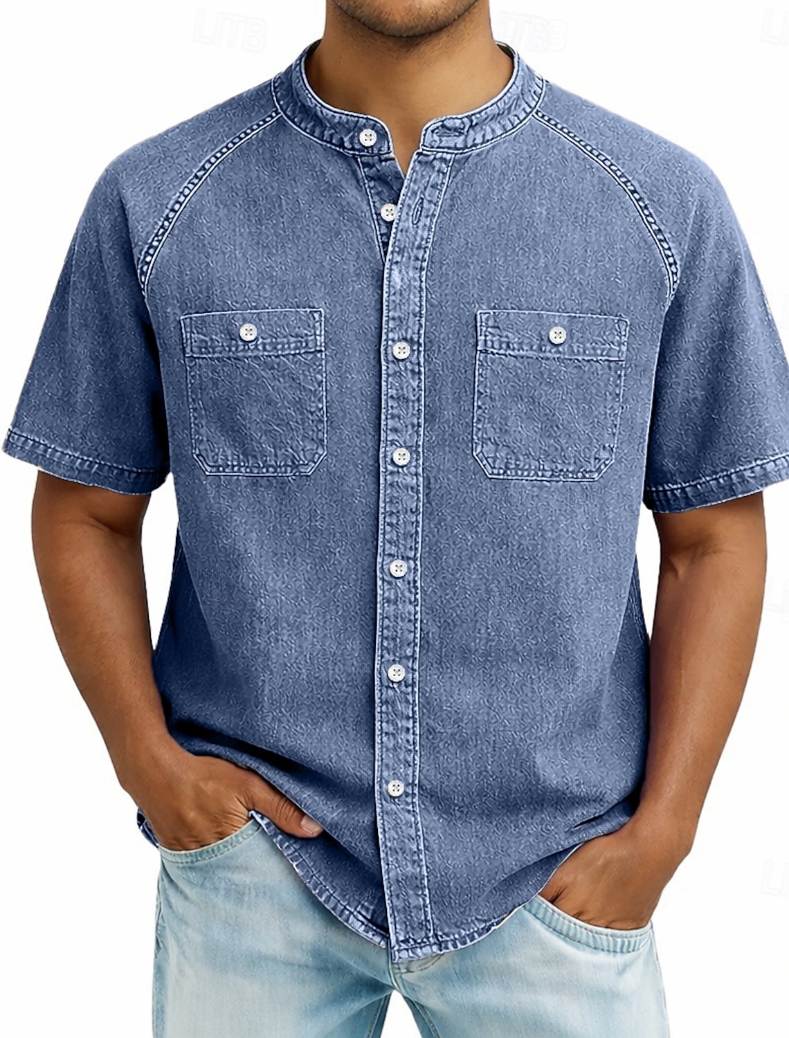 SoftFade™ Men's Shirt Casual Shirt Button Up Shirt Cotton Acid Wash Shirt Black Light Green Pink Purple khaki Short Sleeve Plain Grandad Collar Casual Daily Front Pocket Clothing