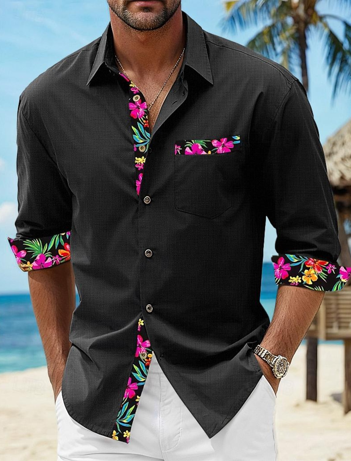 Men's Shirt Linen Shirt Summer Shirt Beach Wear Button Up Shirt Floral Vacation Curise Black White Pink Blue Long Sleeve Lapel Spring & Fall Clothing Apparel Splice