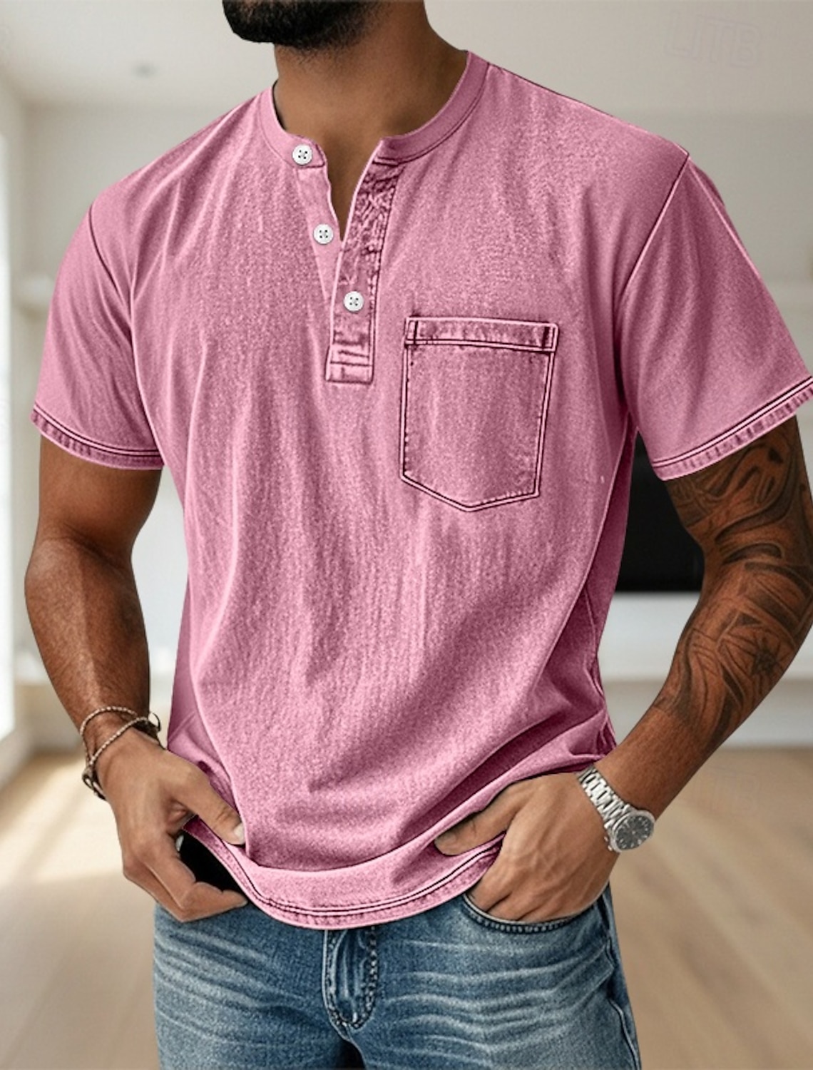 Men's Henley Shirt 100% Cotton Acid Wash T Tee Short Sleeve Solid #1