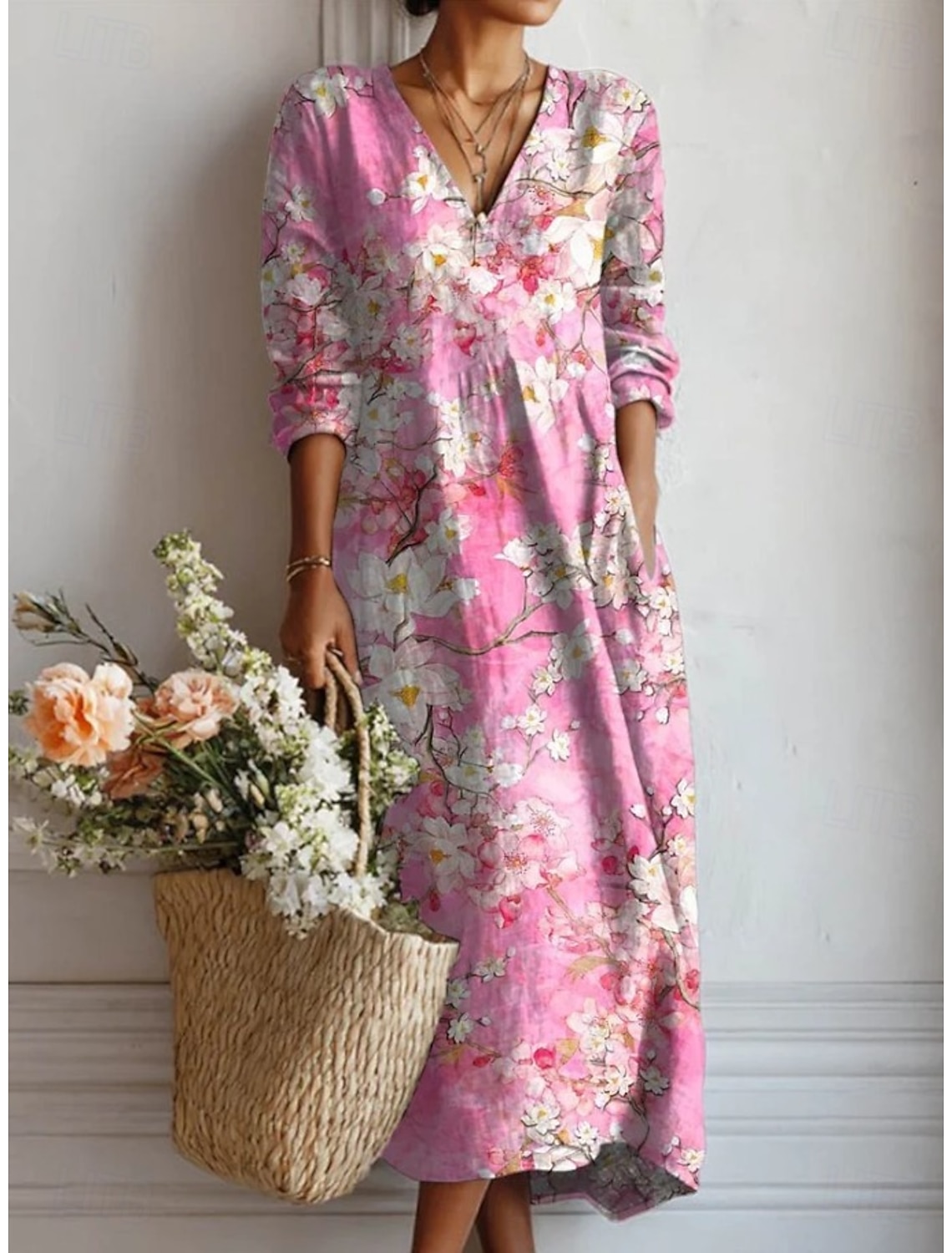 Women's Midi Dress Linen Like Sundress Shift Dress Casual Party Holiday Loose Fit Floral Graphic Long Sleeve V Neck Black Pink Green Summer Spring