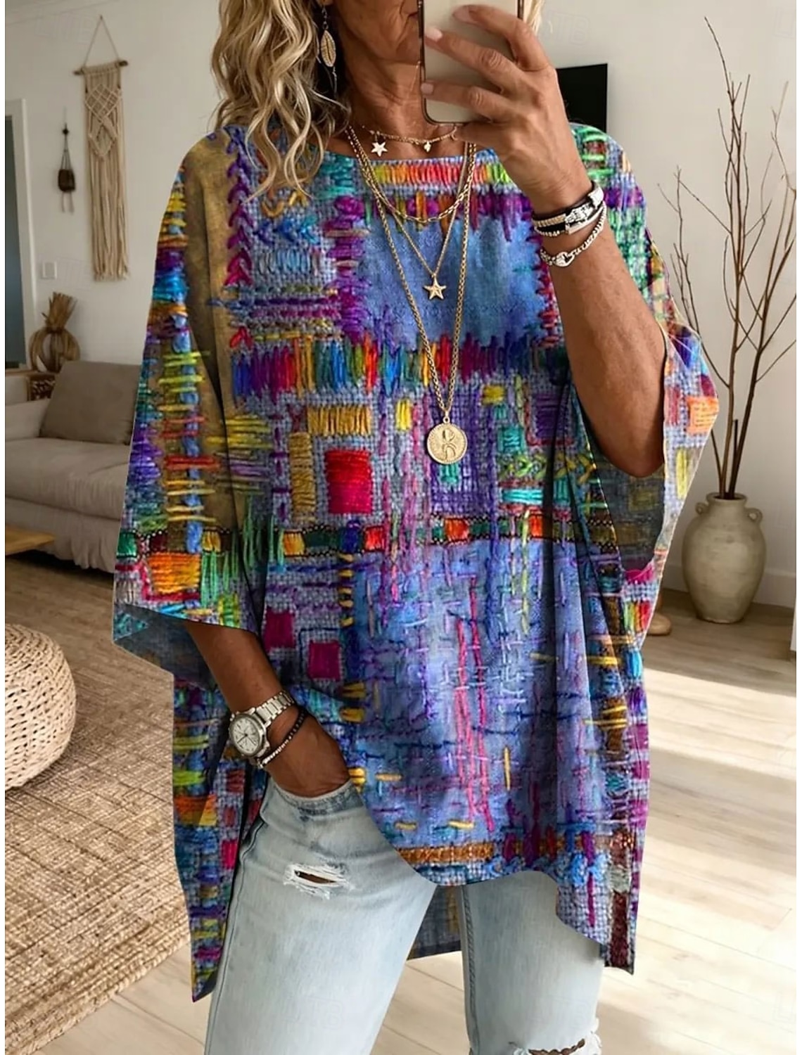 Women's Blouse Print Floral Graphic Bohemia Daily Ethnic 3/4 Length Sleeve Crew Neck Boat Neck Long Tops Casual Daily Holiday Black Pink Purple Green Summer Spring