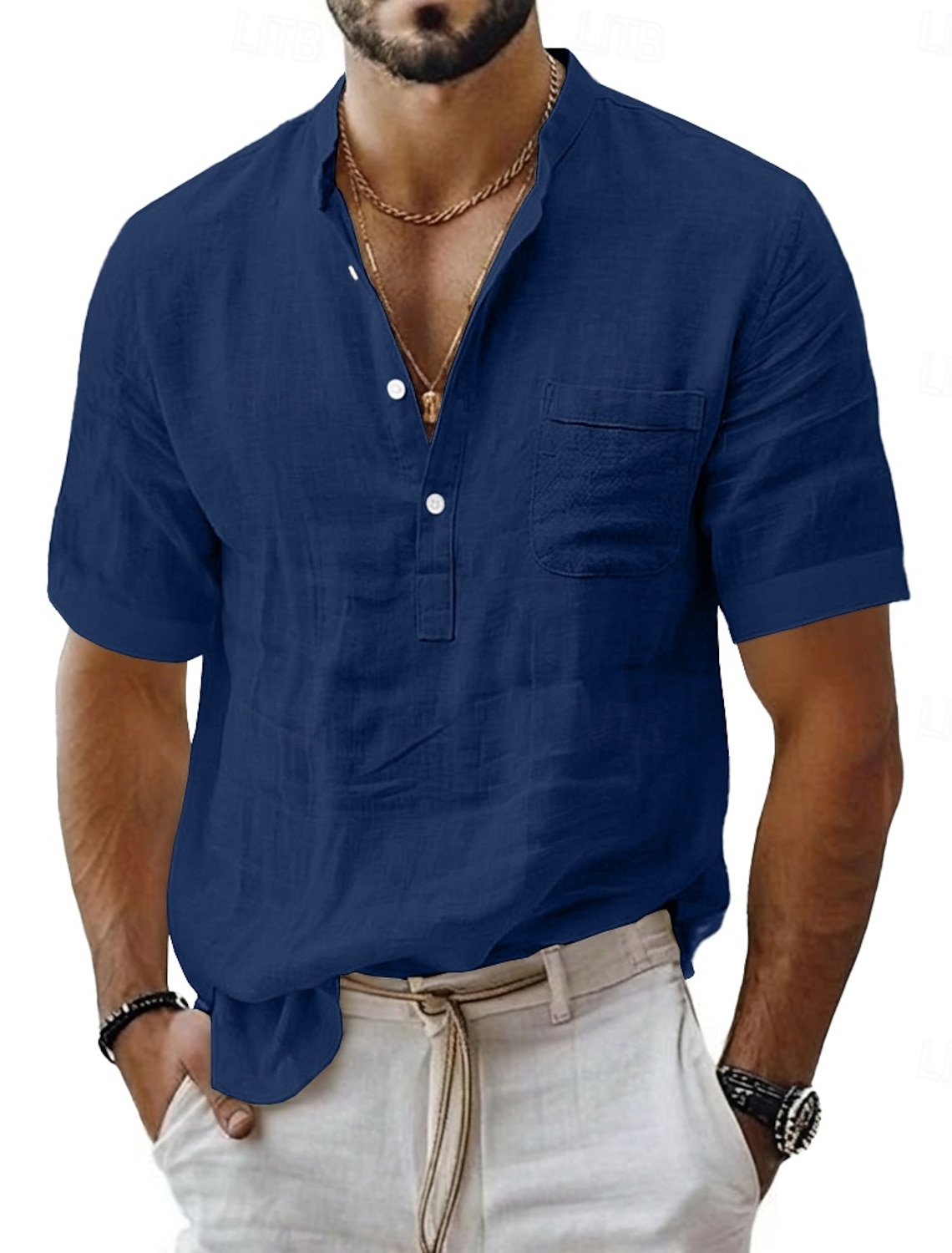 Men's Linen Shirt Popover Summer Beach Wear Band Collar Plain Casual