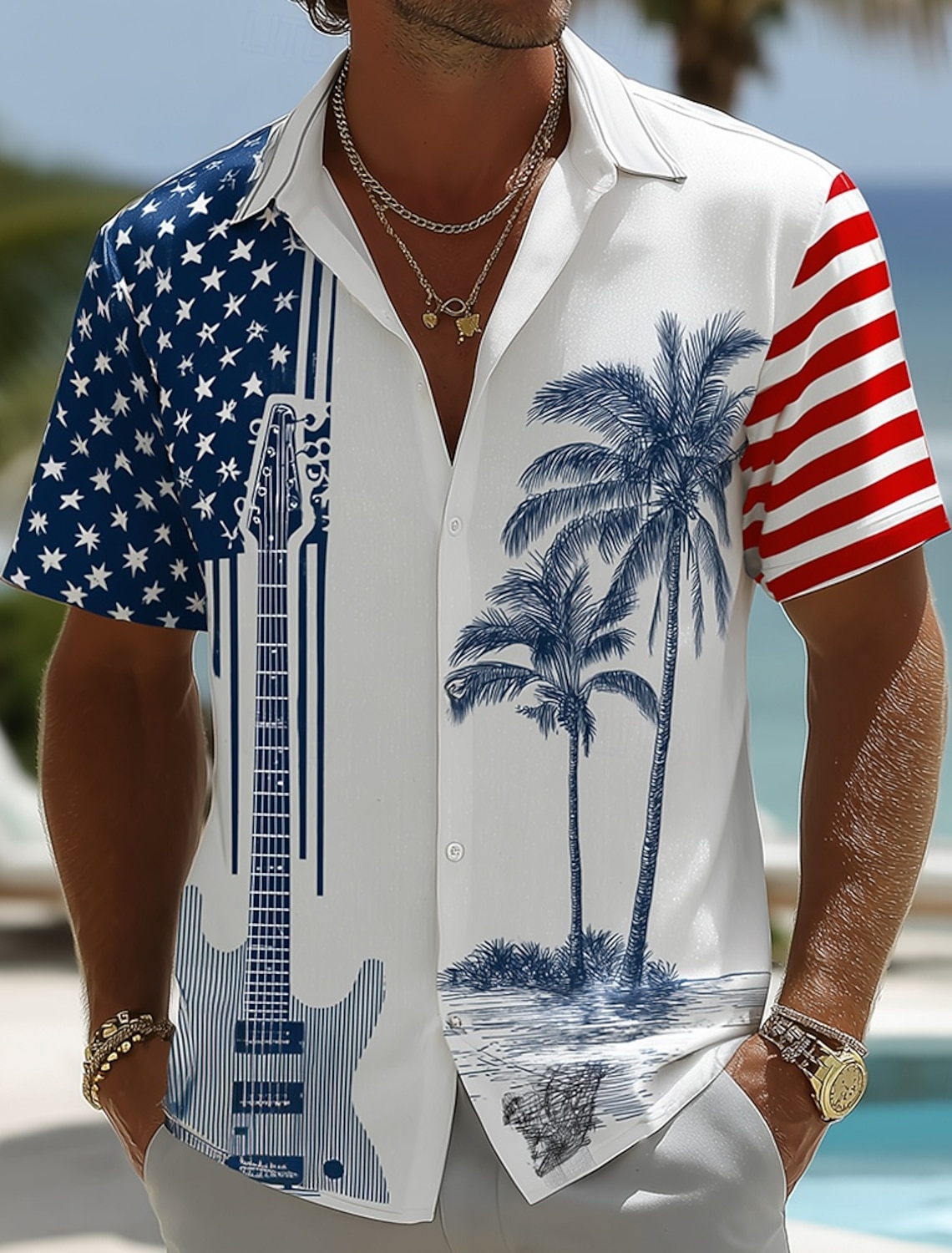 Men's 4th of July U.S. 250th Anniversary Guitar American Flag Shirt Summer Shirt Tropical Shirts Short Sleeve Patriotic Vacation Holiday Summer Spring Turndown 3D Print Button Up Shirts Blue Dark