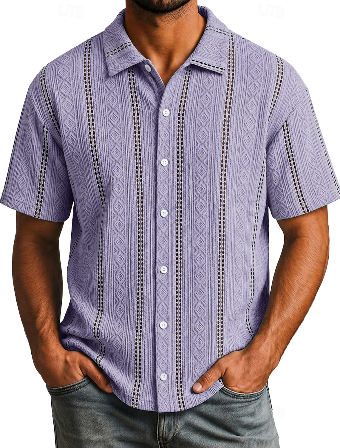 Men Shirt Texture Casual Shirt Button Up Shirt Jacquard Shirt Black White Light Green Purple Light Blue Short Sleeve Plain Shirt Collar Casual Daily Hollow Out Clothing Apparel Elegant Fashion Casual