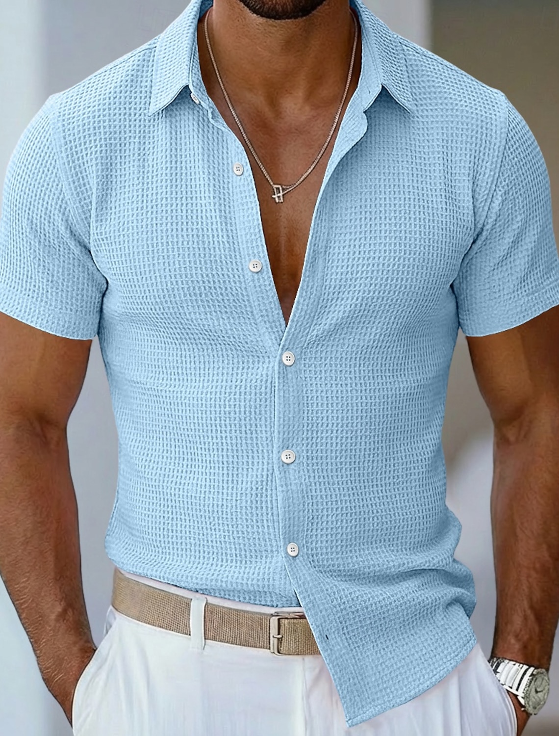 Men's Shirt Waffle Texture Casual Button Up Blue Black White Pink