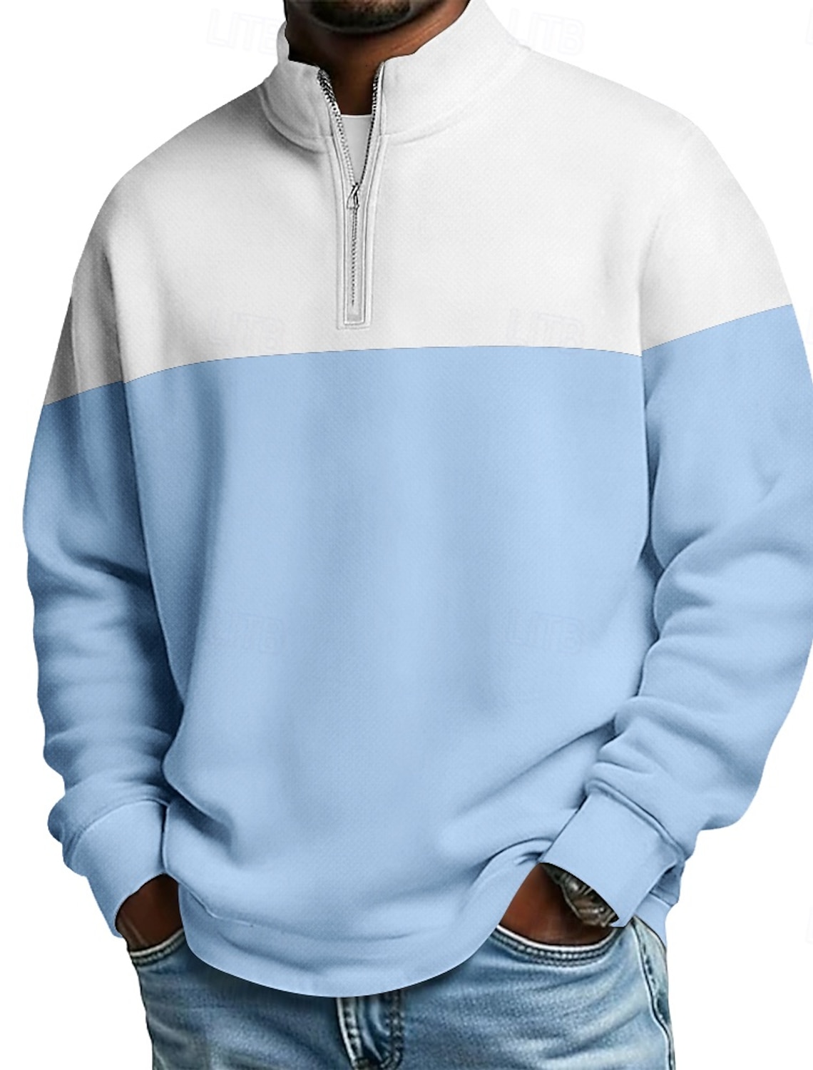 Men's Color Block Zip Polo Shirts Long Sleeve Grandad Collar Casual